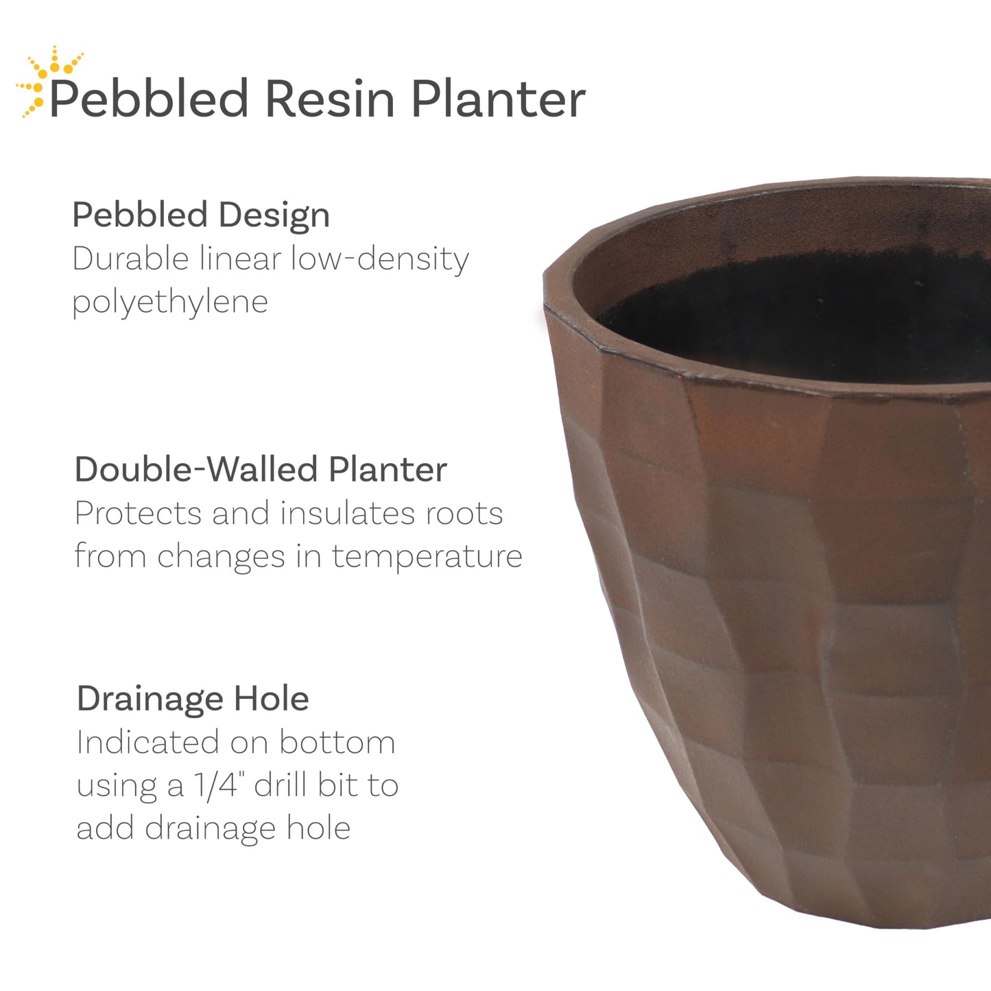 Sunnydaze Pebbled Polyresin Round Outdoor Planter - 15.75" Flower Pot for Indoor or Outdoor Use - Dark Brown