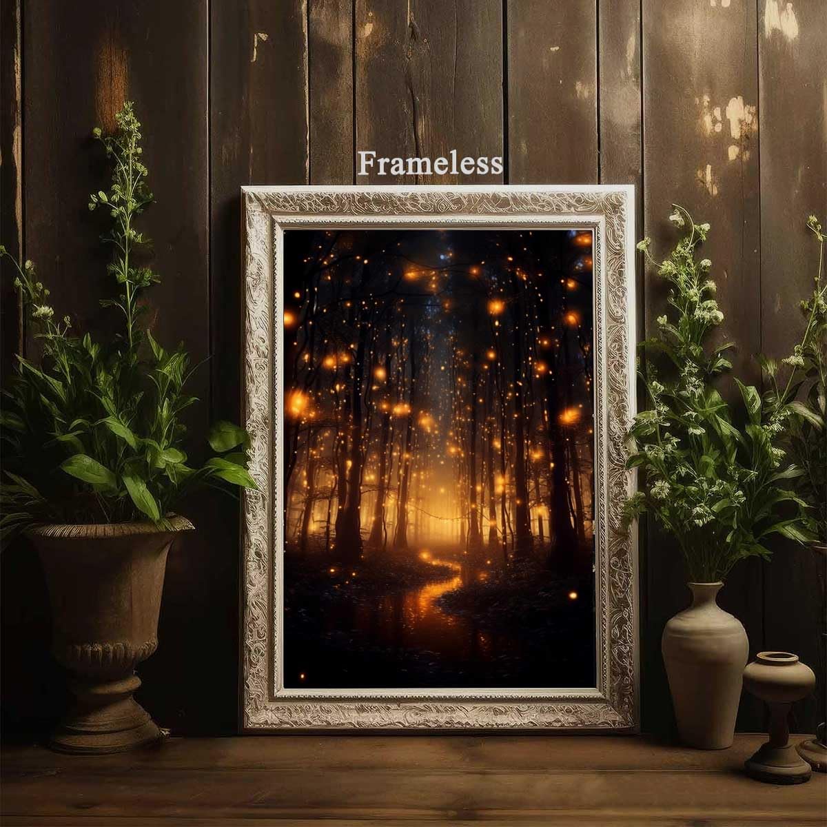 Magical Forest Wall Art Canvas - Fireflies Landscape Poster, Botanical Prints, Moody Natural Vertical Art, Dark Academia Forest Painting for Home 16x24inch No Frame