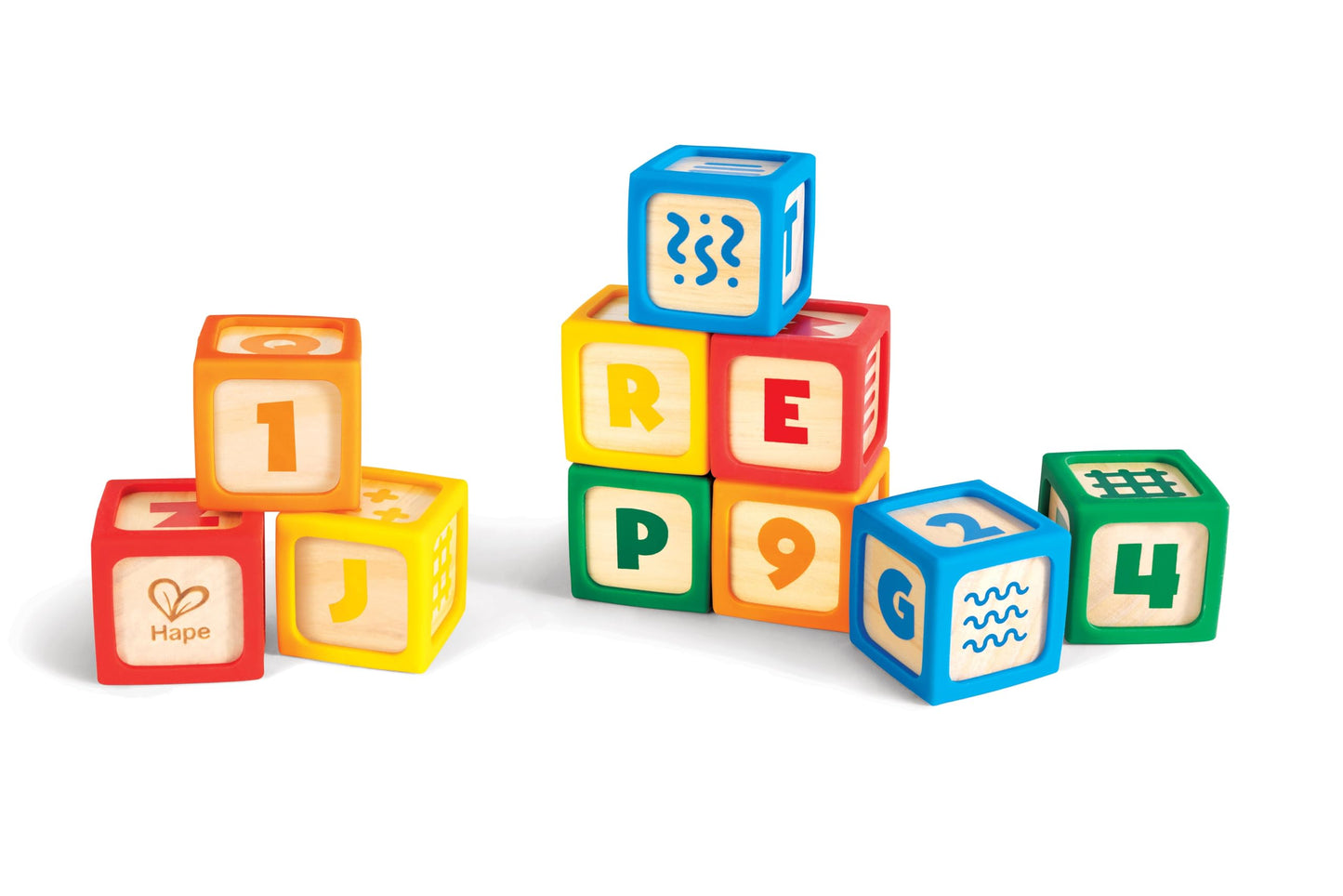 Hape Grip-n-Stack 10-Piece Wooden Building Blocks with Silicone Edges - Educational Alphabet & Number Stacking Toy for Toddlers and Babies - Fine Motor Skills & Sensory Play Set
