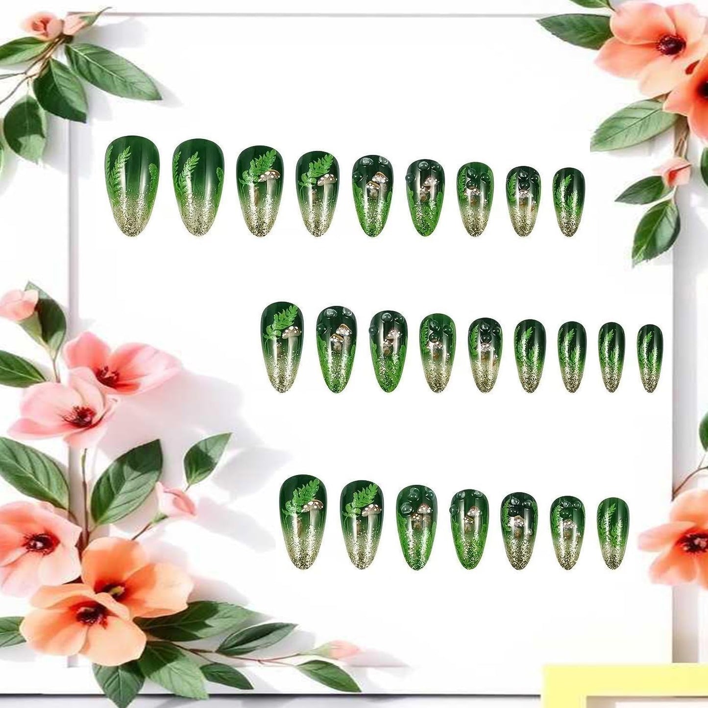 Green Press on Nails Almond Medium Full Cover Glossy Acrylic False Nails Green Grass and Mushroom Pattern Design Gradient Press Ons Fake Nail Artificial Stick on Nail DIY Glue on Nails for Women