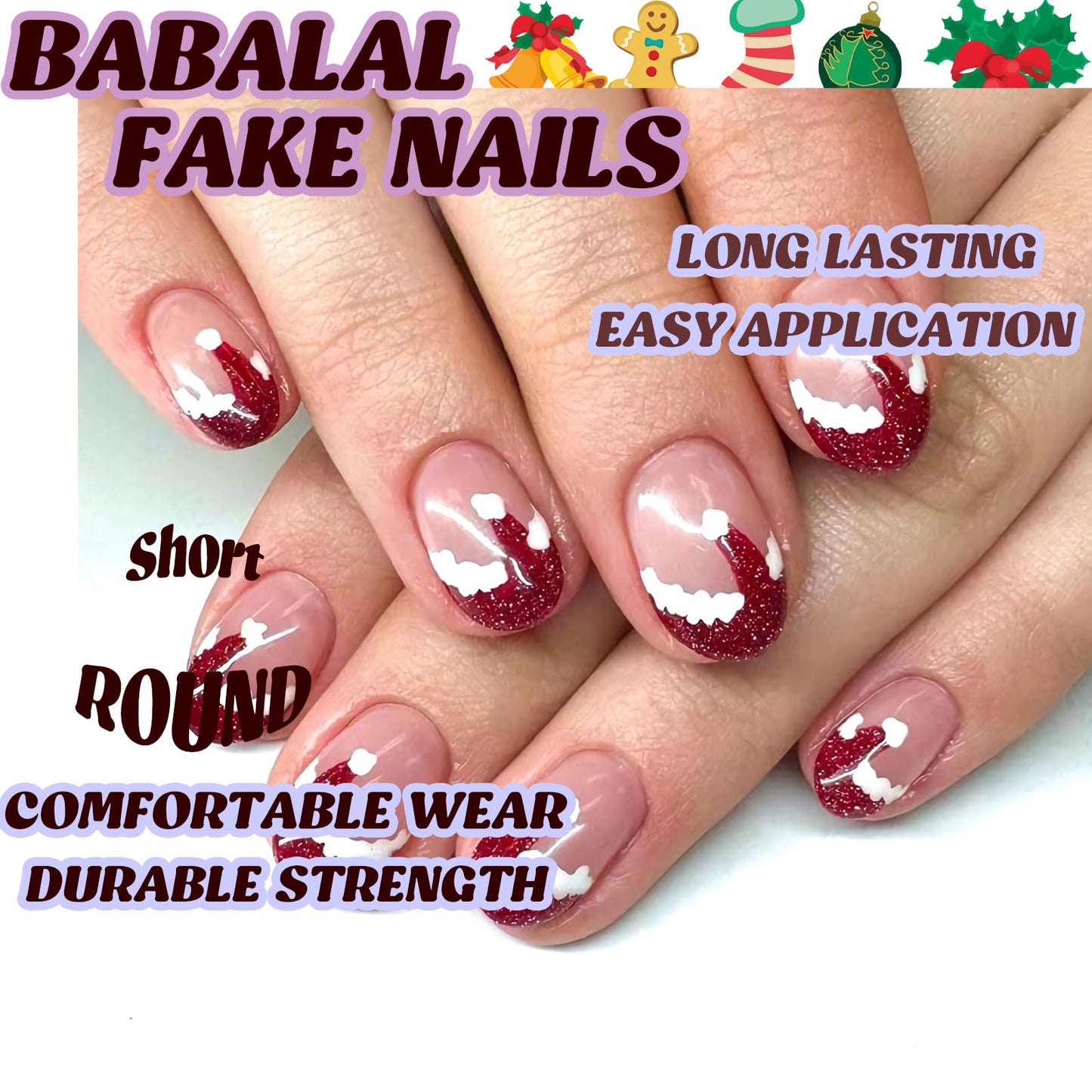 BABALAL Christmas Press on Nails Short Almond Fake Nails Red French Tip Glue ons Nails Christmas Hat Design Acrylic Nails 24Pcs Stiletto False Nails Xmas Bling Stick on Nails