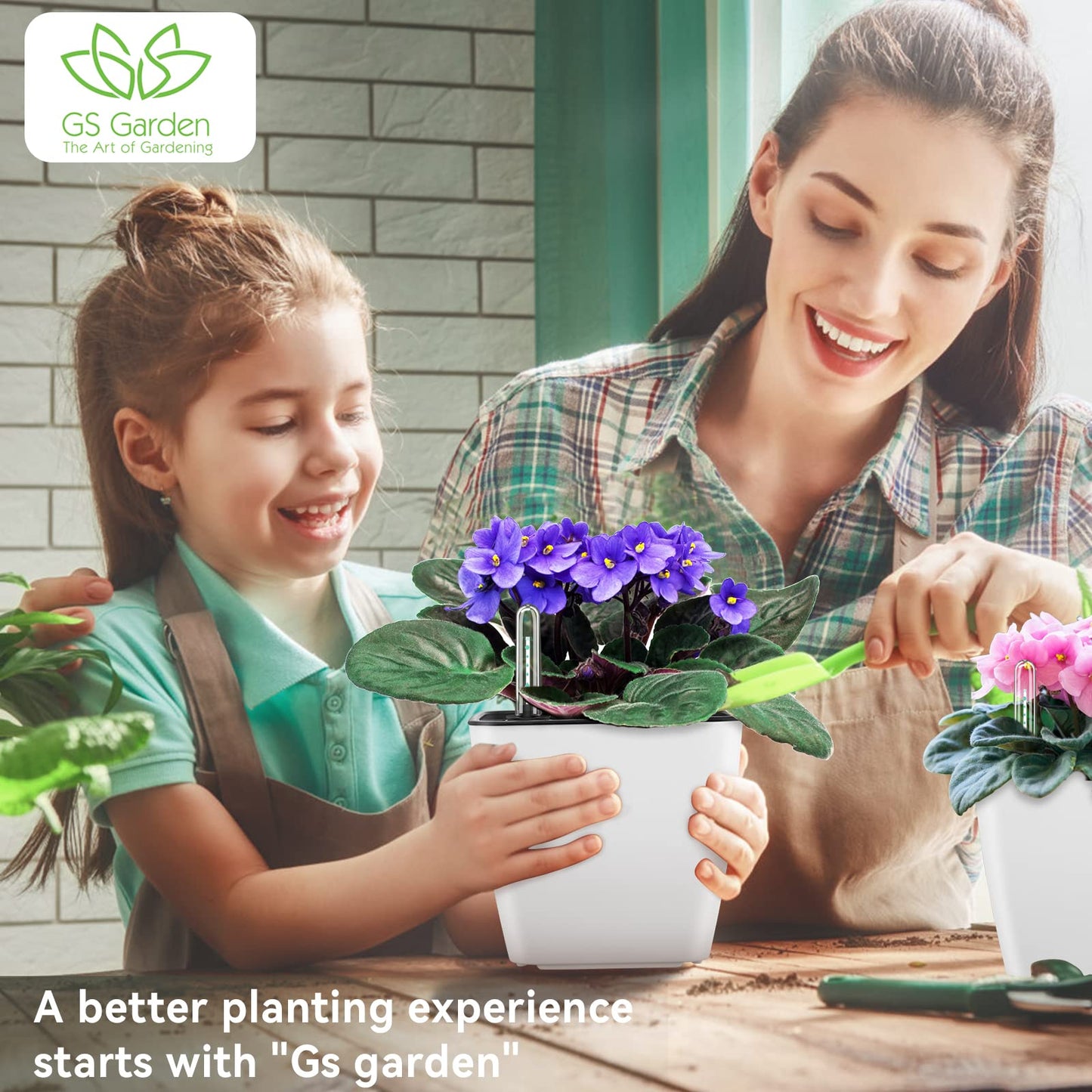 GS Garden Self Watering Planters for Indoor Plants, 5.2 Inch 6 Pack Square Plastic Plant Pots with Water Level Indicator & Drainage System for African Violet Herbs Succulents - White