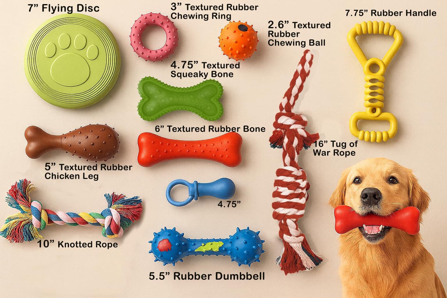 Jalousie Chew Toy Natural Rubber chew Toy for Interactive Play Toy Ball Rope Rubber Value Set for Small to Medium Breed Dog mutt Puppy