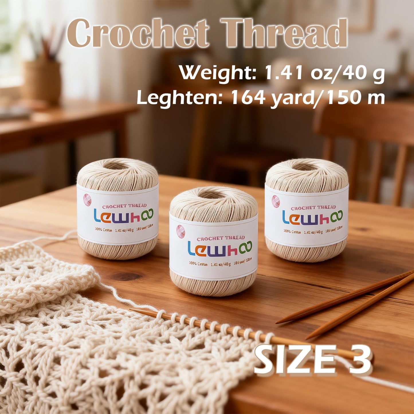 Lewhoo Size 3 Crochet Thread, 3 Pack Lace Yarn Ball 100% Cotton, 40g Each Ball Crochet Yarn for Hand Embroidery Natural