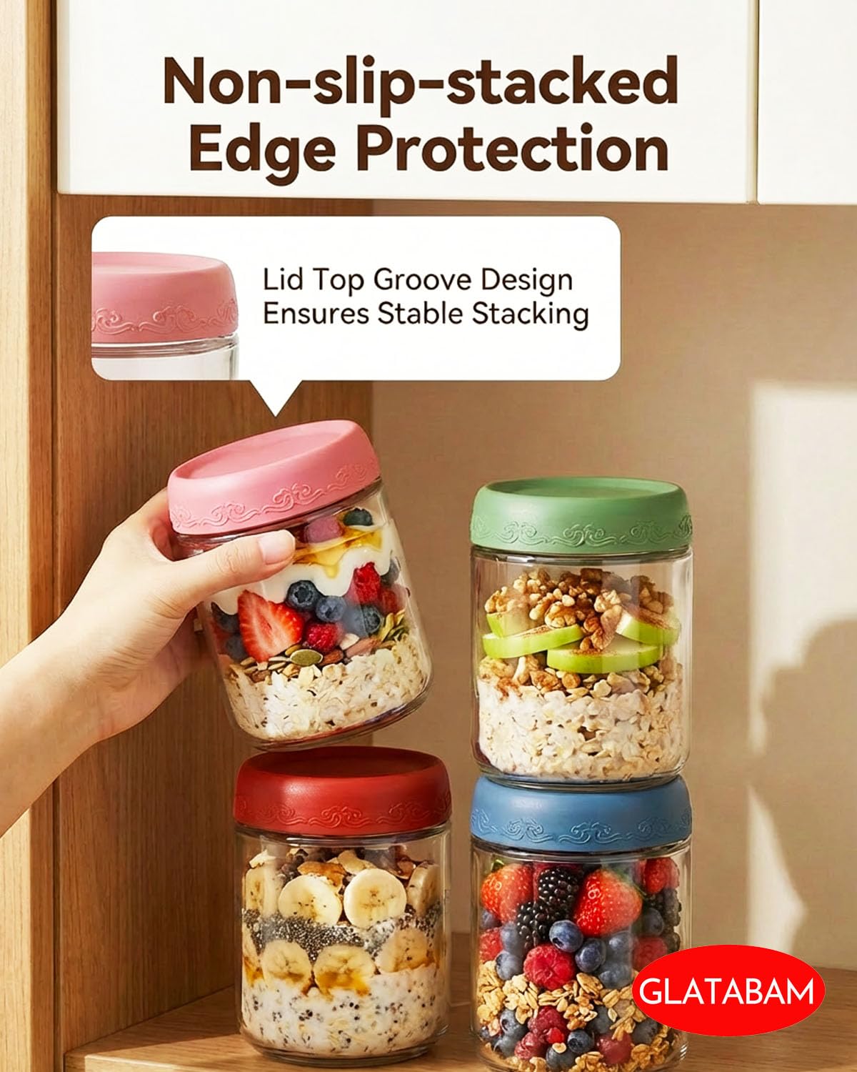 GLATABAM 16 OZ 4Pack, Overnight Oats Jars with Lids, Glass Meal Prep Containers, Airtight Mason Jars for Breakfast, Yogurt Parfait, Salad & Smoothies, Leakproof and Reusable Food Storage Jars(4-1)