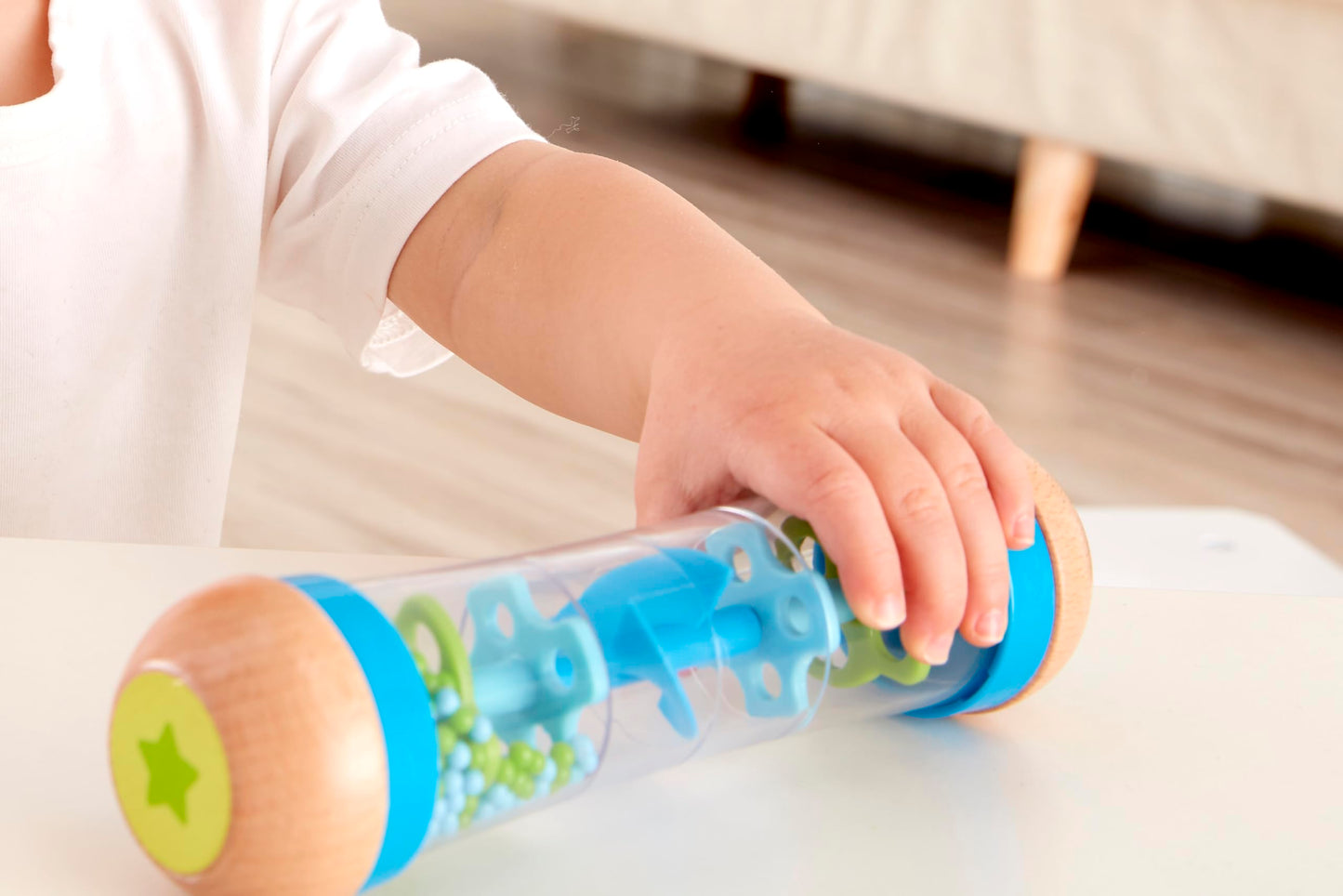 Hape Beaded Raindrops | Mini Wooden Musical Shake & Rattle Rainmaker Toy, Blue, Model Number: E0328B