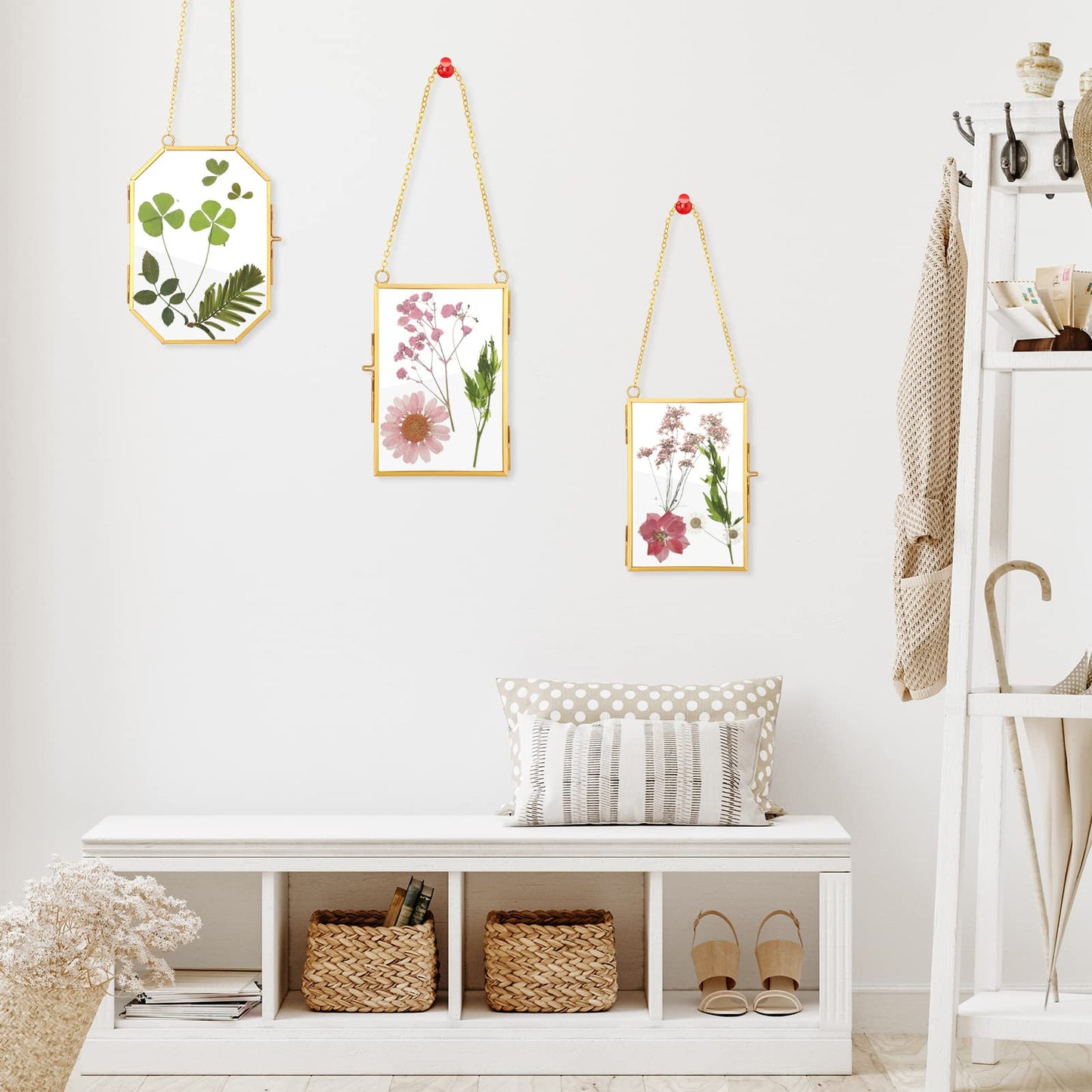 Bucherry 5 Pcs Glass Frame for DIY Pressed Flowers Art Brass Hanging Photo Picture Frame with Chain and 6 Styles Pressed Flowers Collage Glass Craft Frames for Wall Decor Display Gallery (Gold)