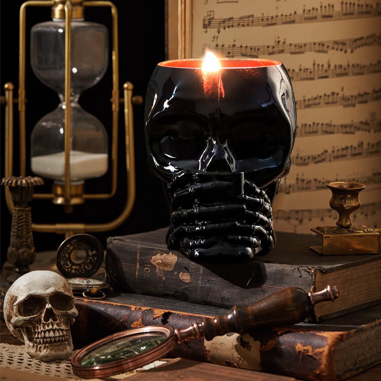 Skull Candle, Halloween Pumpkin Scented Candle 9.5OZ, Horrible Spooky Skeleton Head, Gothic Decor, Indoor Outdoor Halloween Table Centerpiece Decoration, Black