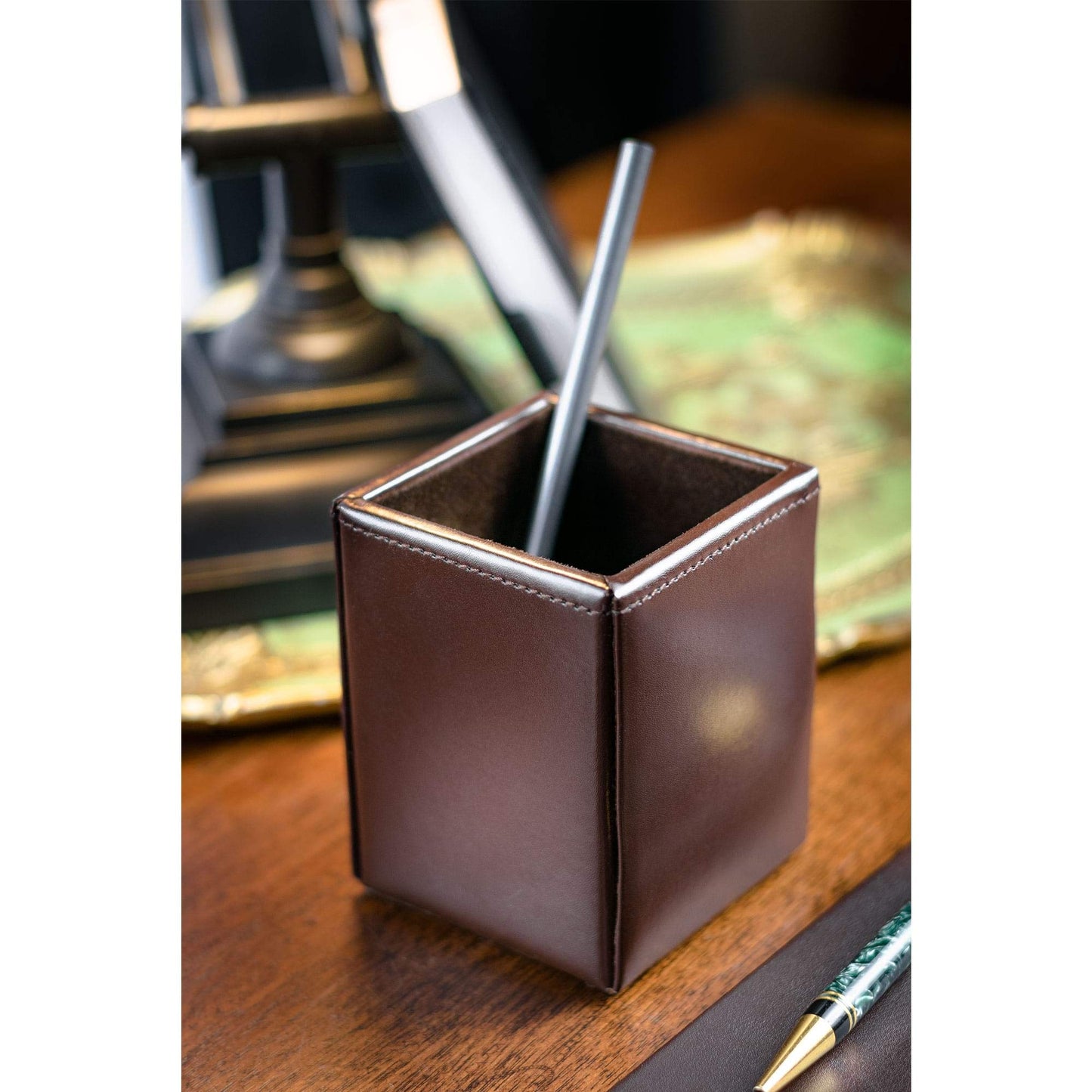 DACASSO Bonded Leather Pencil Cup - Luxury Cup Storage for Pens, Pencils, & Office Accessories - Elegant Pen Organizer & Executive Desk Decor - (Dark Brown)