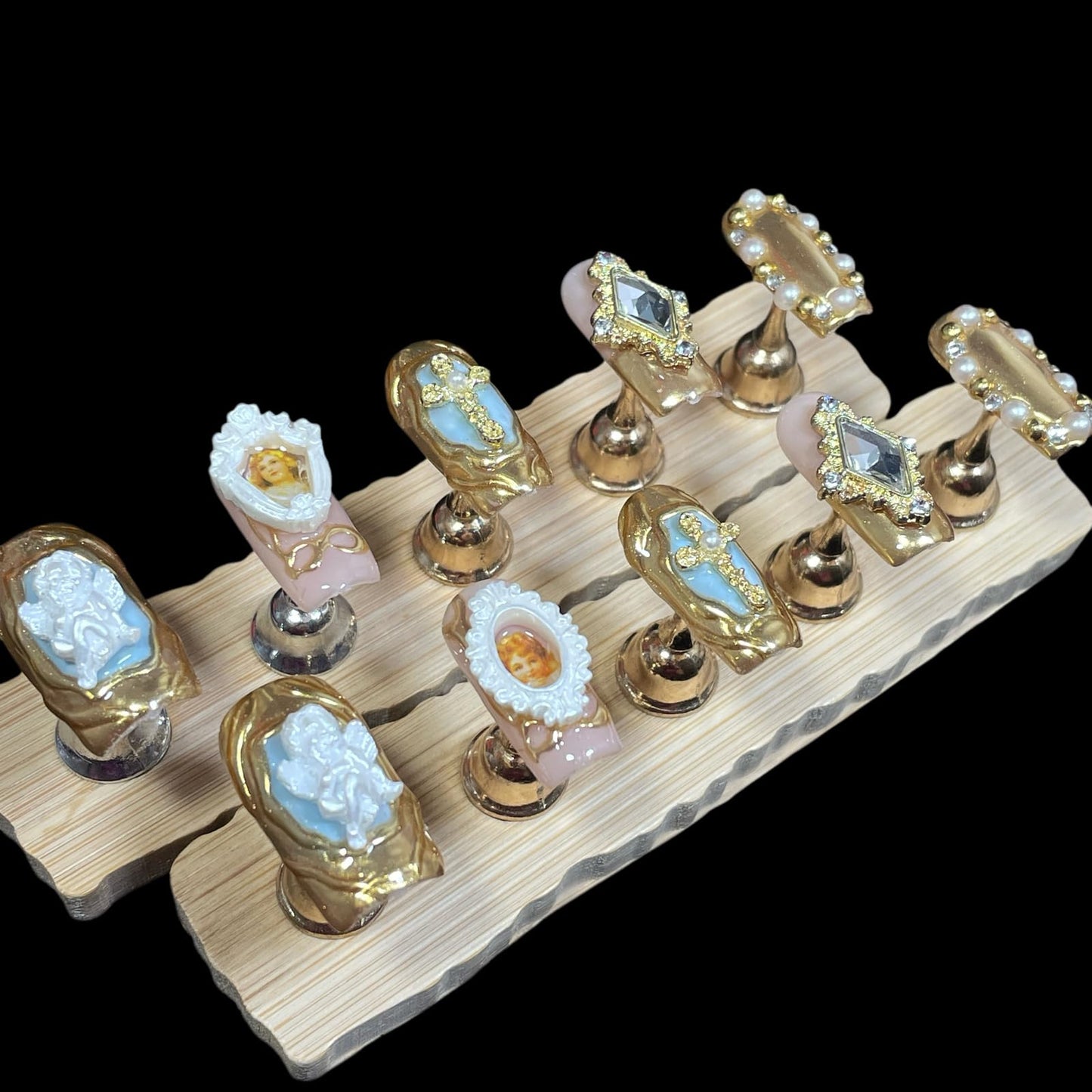 Handmade Press On Nails Luxury Baroque Gold Cross, Cherubs & Pearl Frames | Medium/Short Square | Reusable Thick Acrylic False Nails (Baroque, S)