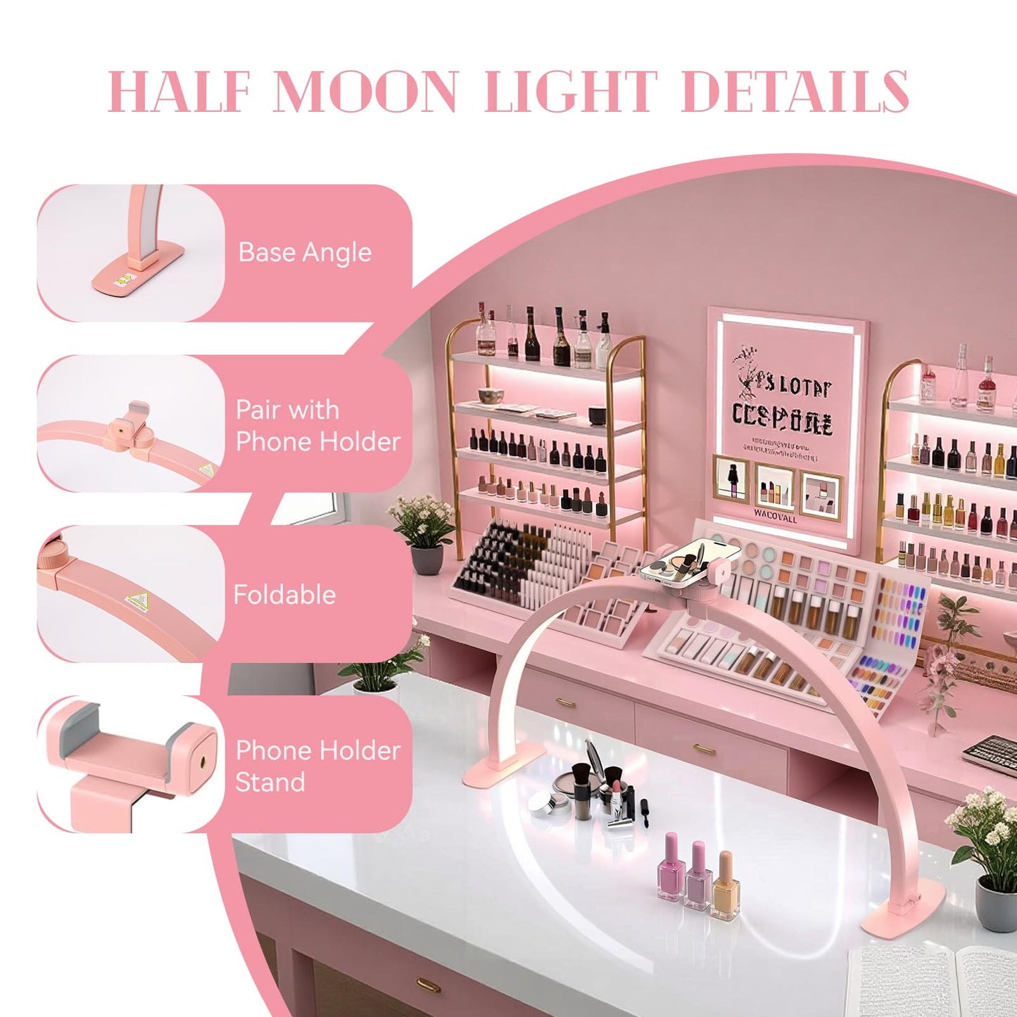 Kadden Foldable Large Half Moon LED Light for Table Nail Desk with Phone Stand, Upgrade Arch Light for Nail Techs with Wire Controller for Manicure Tattoo Beauty (Pink, Large)