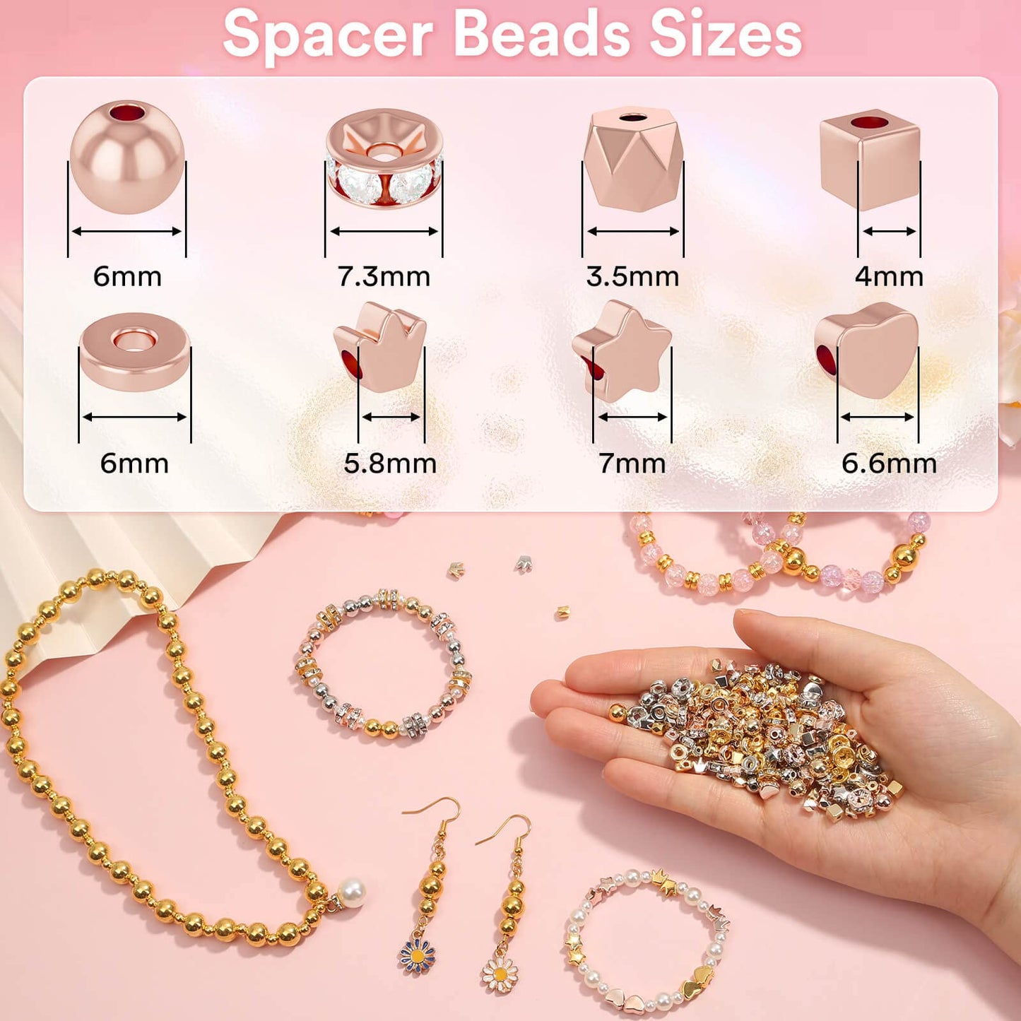 selizo 2240 Pieces Spacer Beads for Jewelry Making in 8 Styles, Assorted Gold Beads for Bracelets Making, Crafts(Gold, Sliver, Rose Gold, KC Gold)