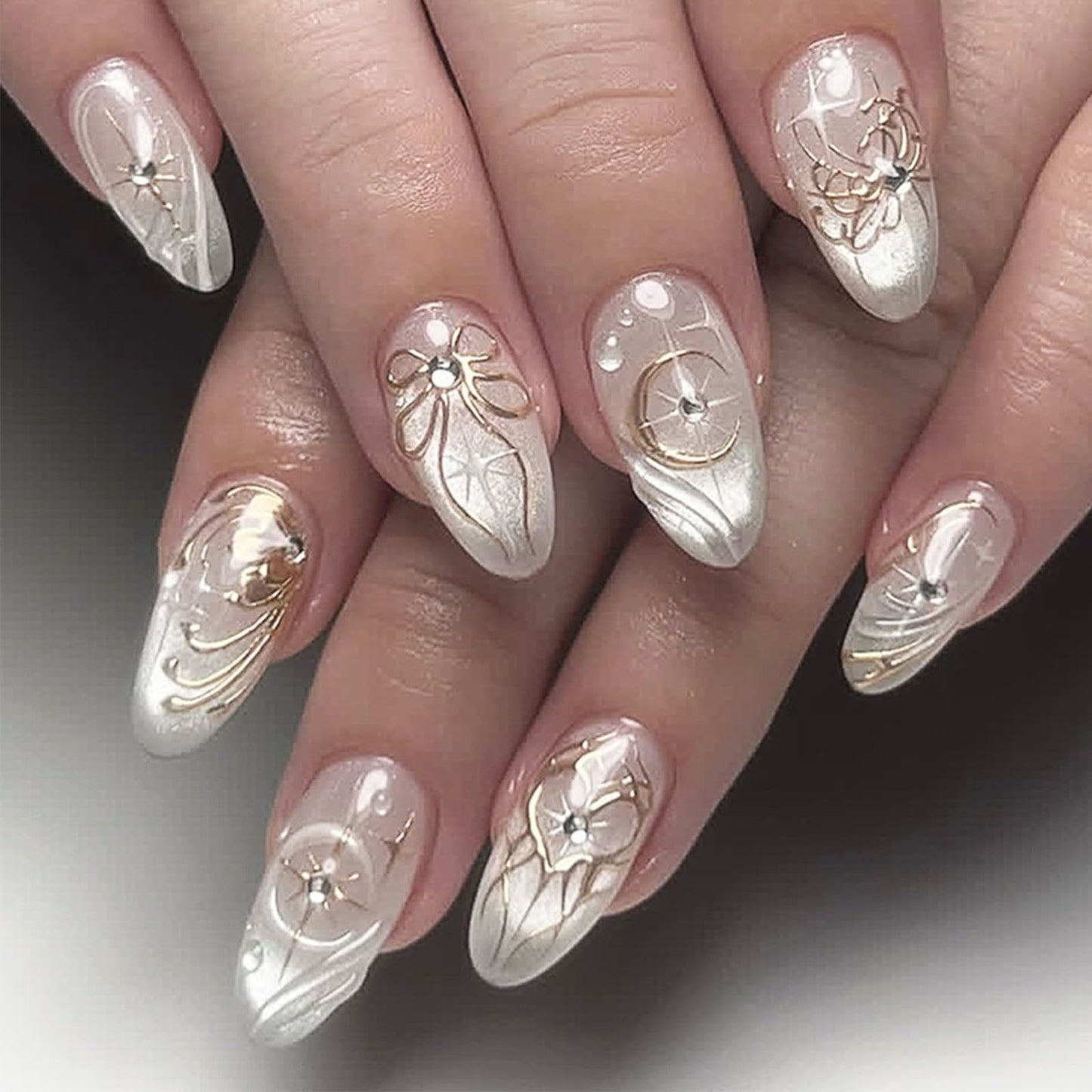 3D Flower Medium Almond False Nails Glossy Gold Curve Line Stick on Fingernail HZJXRT Press on Nails 24 Pcs Bow Tie Gel Glue on Nail Moon Acrylic Fake Nail for Coquette Women Gift
