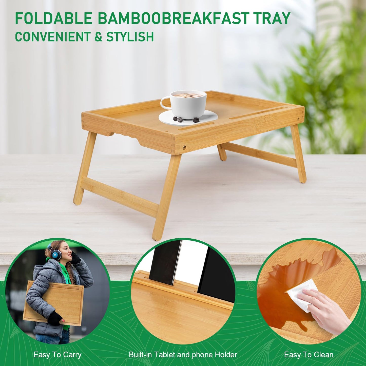 Bed Tray Table with Handles Folding Legs, Bamboo Breakfast Food Tray with Media Slot, Use As Platter, Laptop Desk, Snack, TV Tray Kitchen Serving Tray(Bamboo Medium)