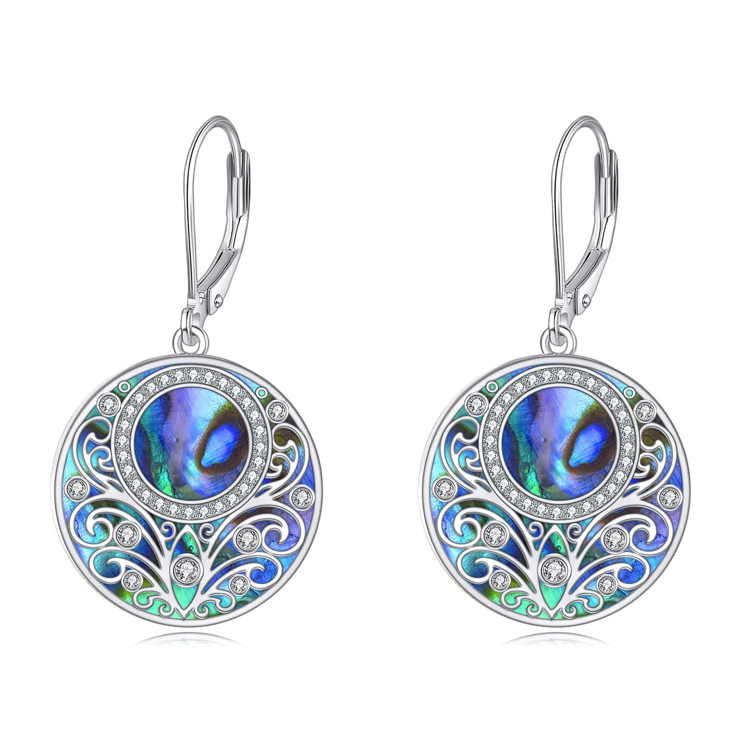 Abalone Drop Earrings Sterling Silver Filigree Leverback Earrings Circle Dangle Earrings Jewelry Gifts For Women