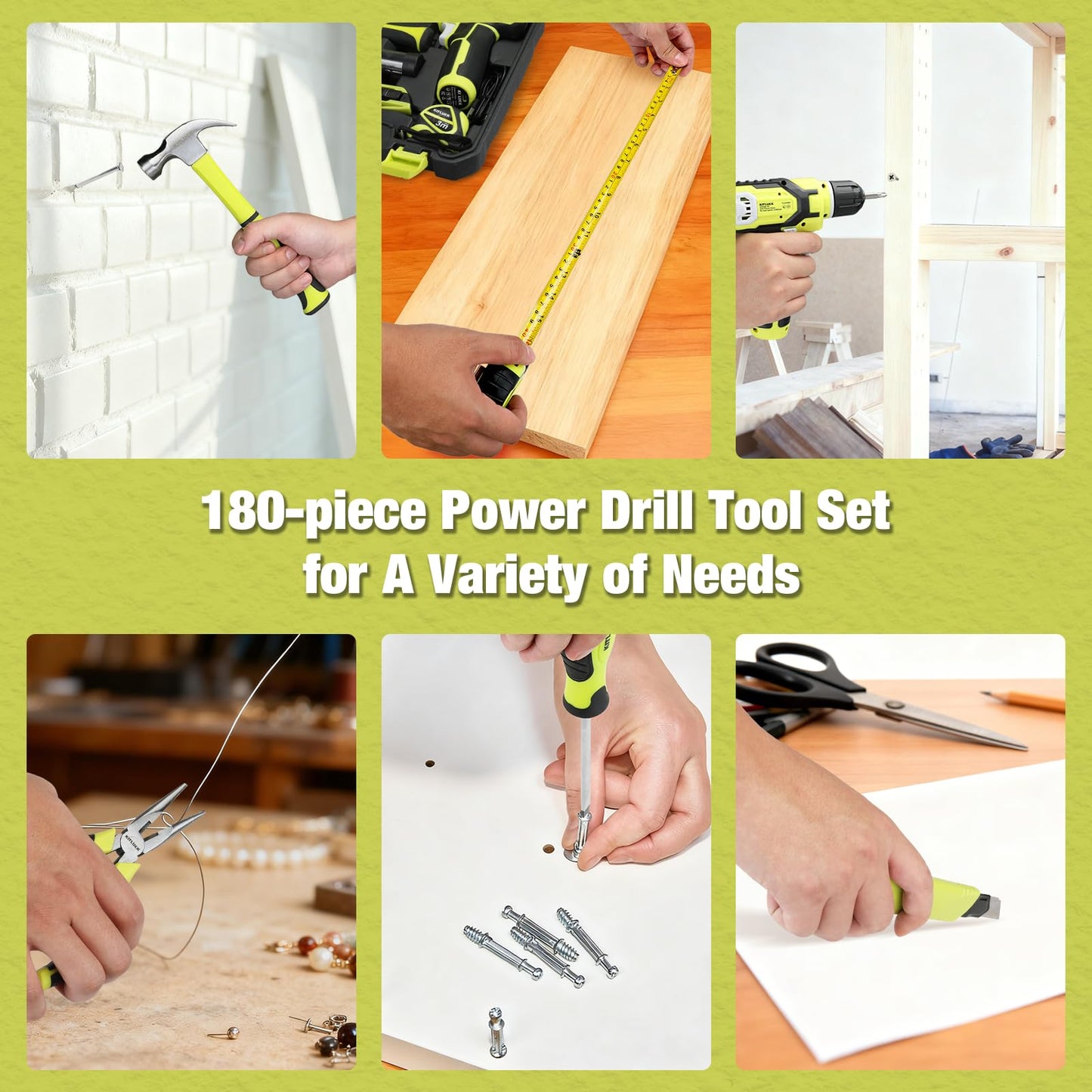 KITLUCK Power Drill Set, 180Pcs Home Hand Tool Kit with 8V Drill, Portable Tool box Kit with Screwdriver, Plier, Wrench, Socket, Harmer, Household Cordless Drill Set for Men Women Home