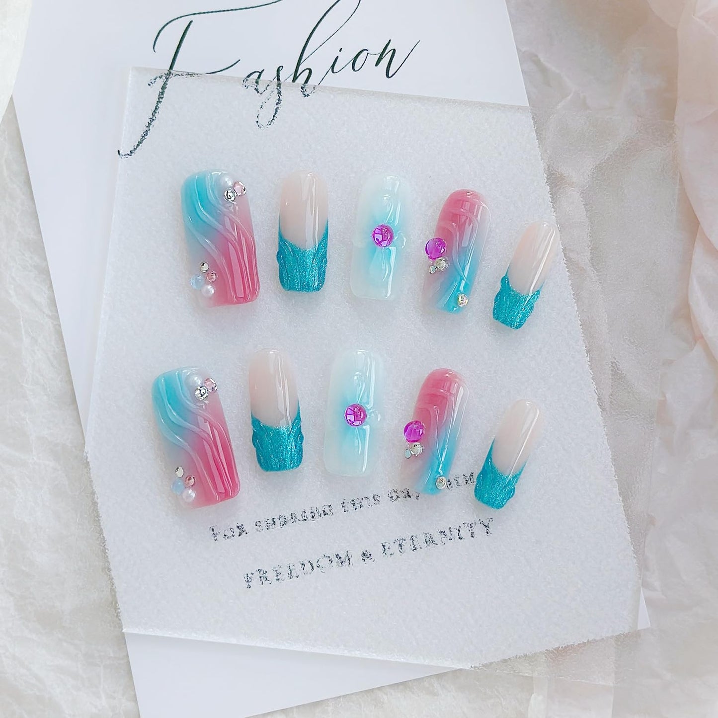 LARSOOY Nails Handmade Press on Nails Middle Long Square | Handmade Nails with Ocean Theme | Reusable fake Nails with Unique Designs | False Nails 10 Pcs (Underwater Adventure, M)