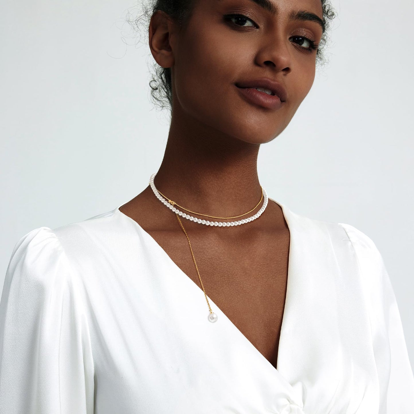 Zeffy Layered Long Pearl Necklaces Dainty Gold Pearl Lariat Necklace Stack Prom Drop Dangle Statement Adjustable Trendy Simple Pearls Choker Y-Shaped Chain Wedding Women's Jewelry Set Gift