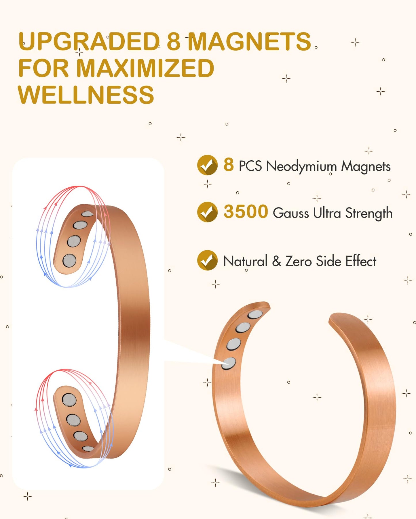 Feraco Copper Magnetic Bracelet for Men Women, 99.99% Pure Copper Cuff Bangle with Strong Neodymium Magnets, Adjustable Jewelry Gifts