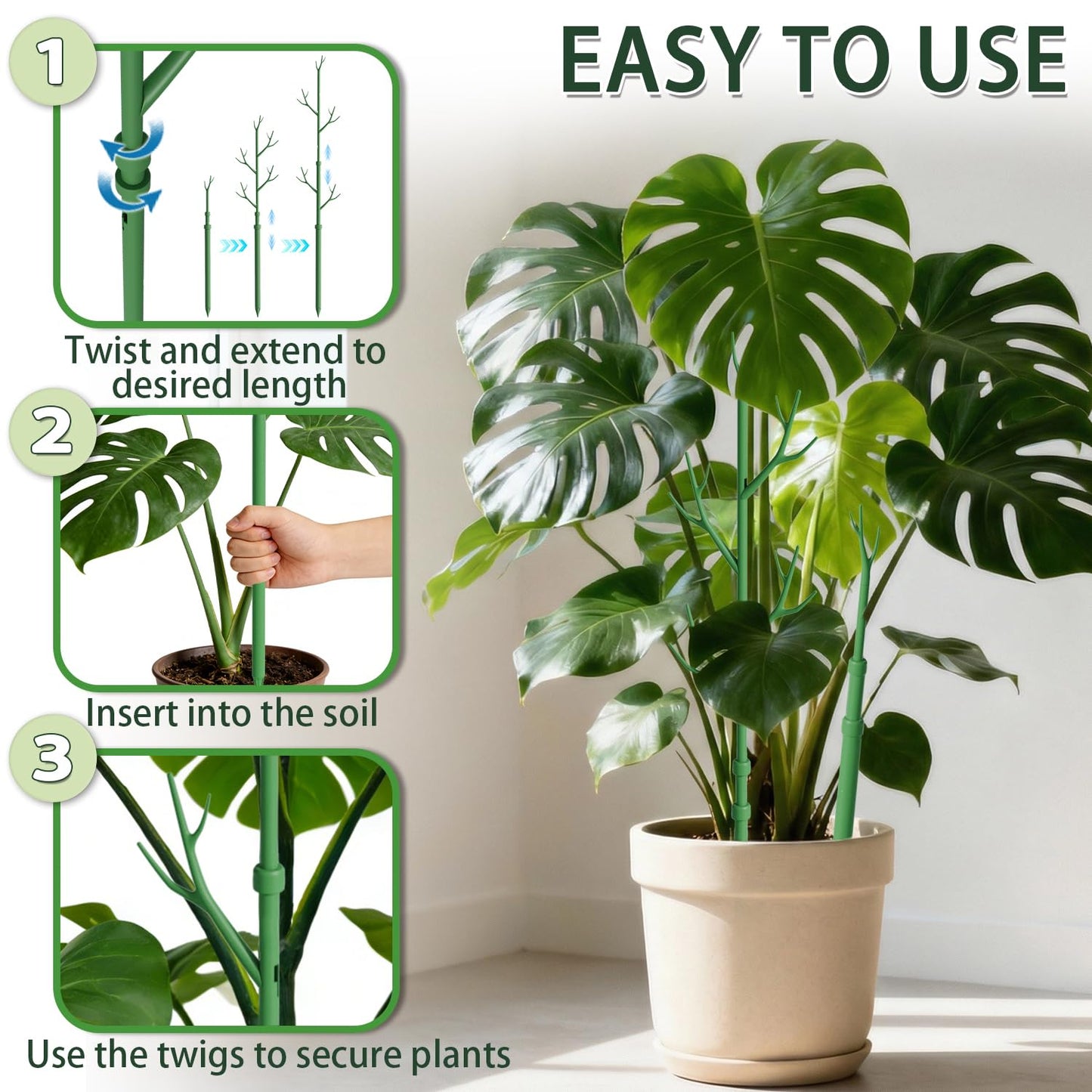 Telescoping Monstera Plant Support Stakes,17.3IN to 43.3IN Detachable Branch Plant Sticks Support Tall for Indoor Outdoor Climbing Plants,Adjustable Length Plant Accessories for Potted Plant-2 Pack