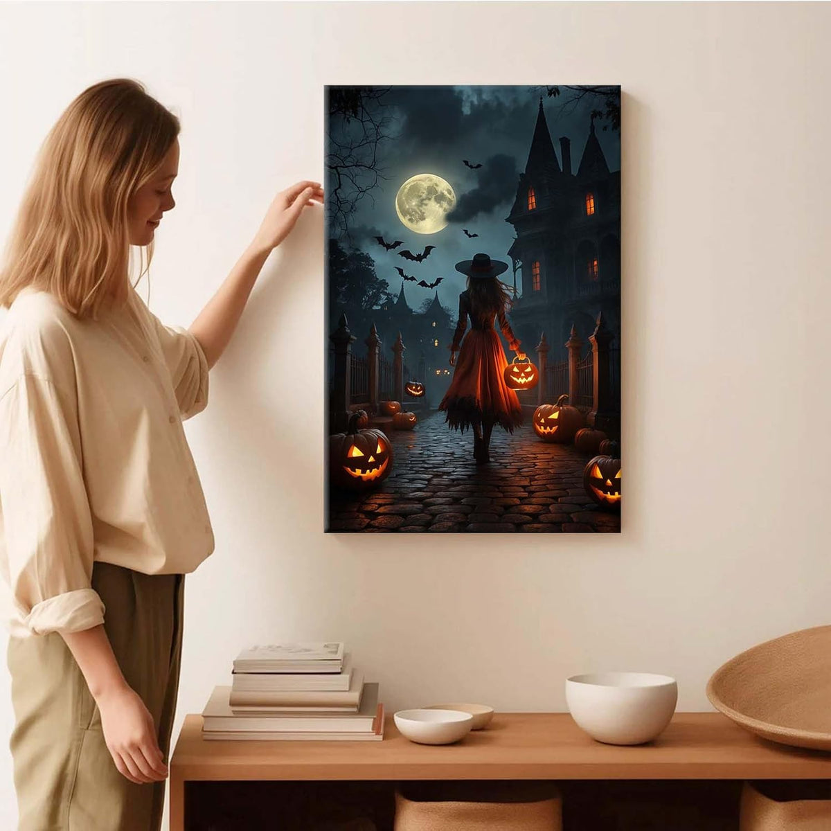 Halloween theme poster moonlit autumn night witch vintage poster art print dark college style gothic painting canvas wall decoration bedroom living room ideal gift20x30in Wood Framed