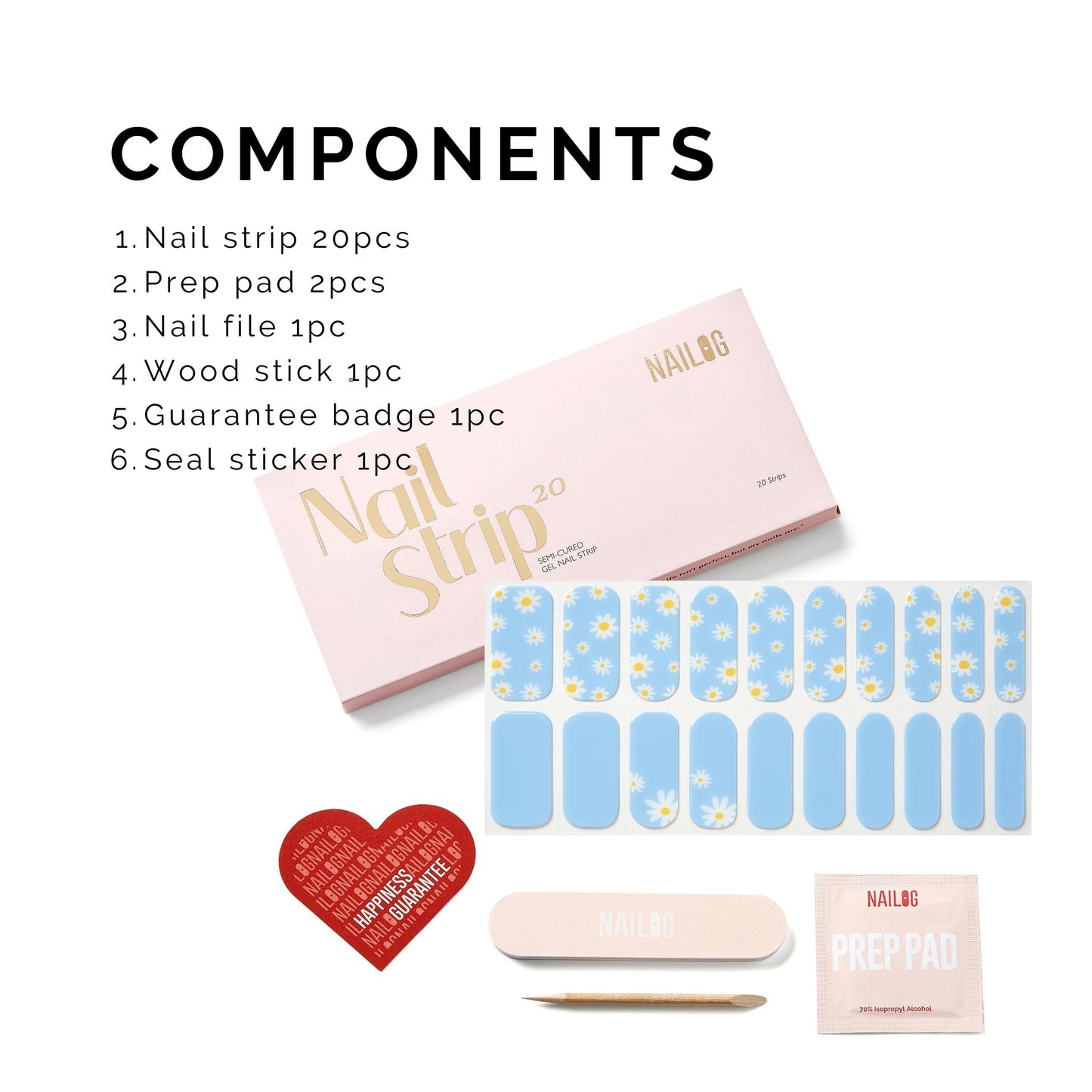 Semi Cured Gel Nail Strips - NAILOG 20 Pcs Blue Flowers Nail Stickers Extra Long Wraps with Glossy Gel Finishing for Spring Summer, Petals in the Wind