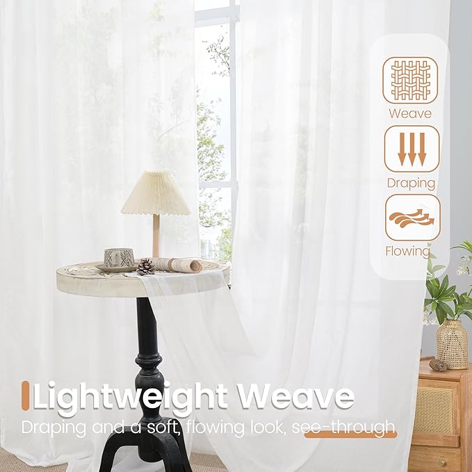 BGment White Linen Semi Sheer Curtains 36 Inch Length for Kitchen Cafe Window - Small Drapes Light Filtering with Rod Pocket Lightweight for Cafe Bathroom, 2 Panels Set, 30 X 36 Inch