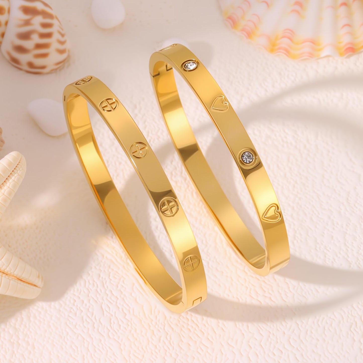 Camhanno 18K Gold Plated Stainless Steel Cuff Bracelet & Love Friendship Screw Bangle Bracelet Set for Women with Gift Box (2Pcs Gold Set Style 5)