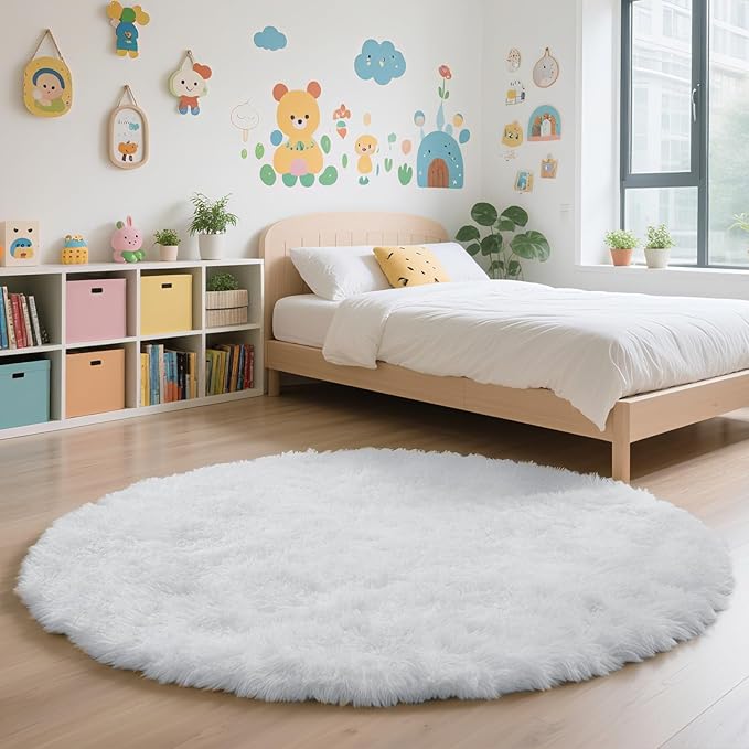 yulidayang White Fluffy Round Area Rugs for Bedroom,6'X6'Shag Circle Area Rugs for Girls Room,Non Slip Fuzzy Plush Rug for Kids Room Living Room and Dorm Home Decor Rug