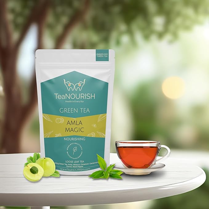 TeaNOURISH Amla Magic Green Tea | Whole Leaf Tea | Blended with Amla, Hibiscus, Fennel, Cardamom & Cinnamon | 100% NATURAL | Brew Hot or Iced Tea - 3.53oz/100g