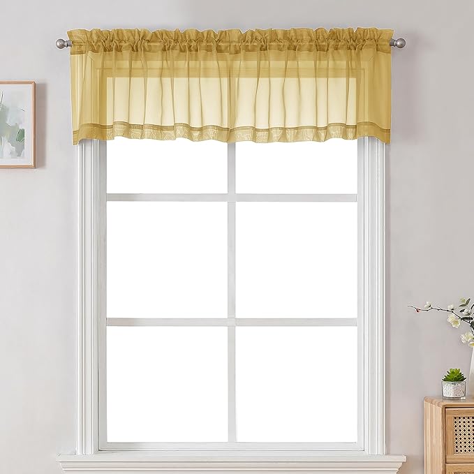 Chyhomenyc Gold Sheer Valances for Windows - Light Filtering Small Kitchen Curtains, Rod Pocket Short Top Window Treatment Decor for Living Room Bathroom Basement, 42Wx16L inches, 2 Panels