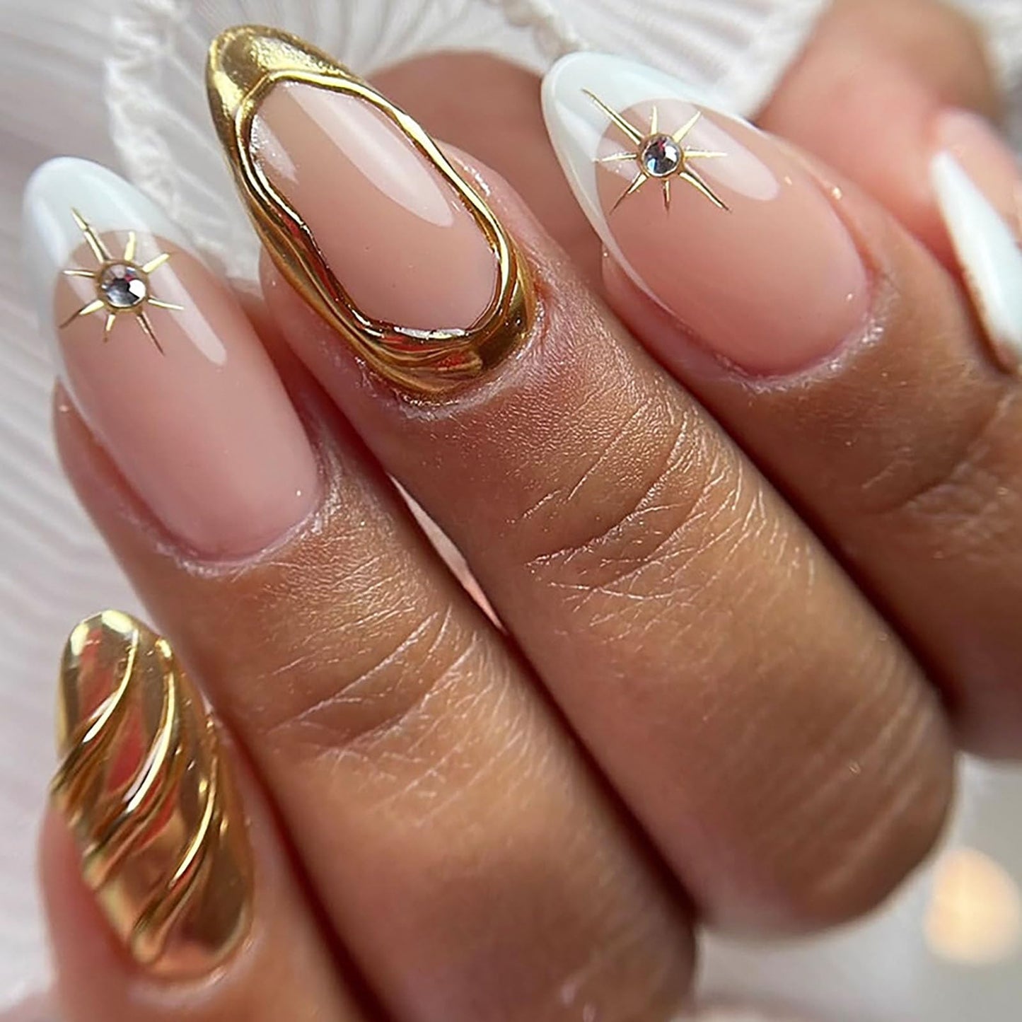 RUOKEXIN Almond Press on Nails Medium Fake Nails Gold False Nails with 3D Rhinestones Designs French Tip Nail Press ons Sparkly Artificial Nails for Women 24Pcs