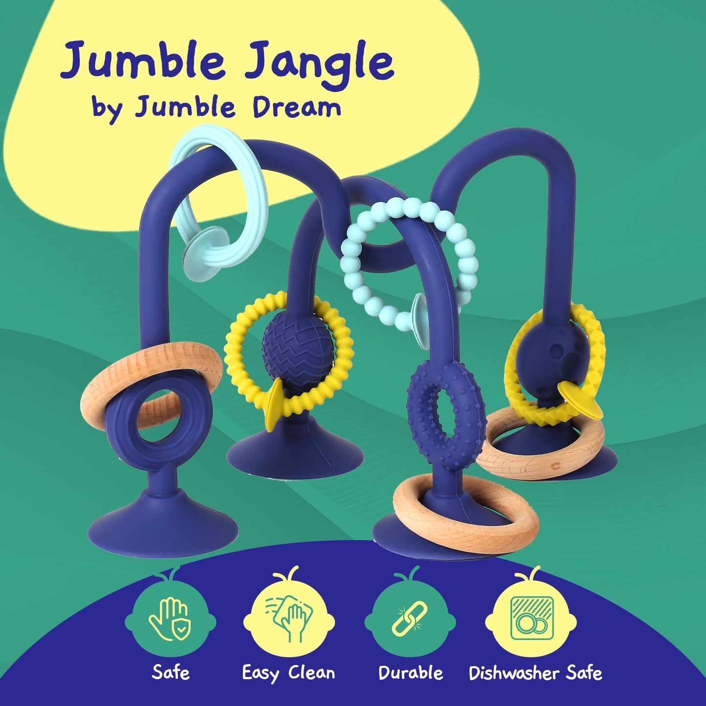Jumble Jangle Baby Teething Toys – BPA-Free, Multi Purpose High Chair Toys & Sensory Toys for Kids with Autism: Suction Teething Relief with Sensory Toy Textures for Infants & Toddlers (Dark)