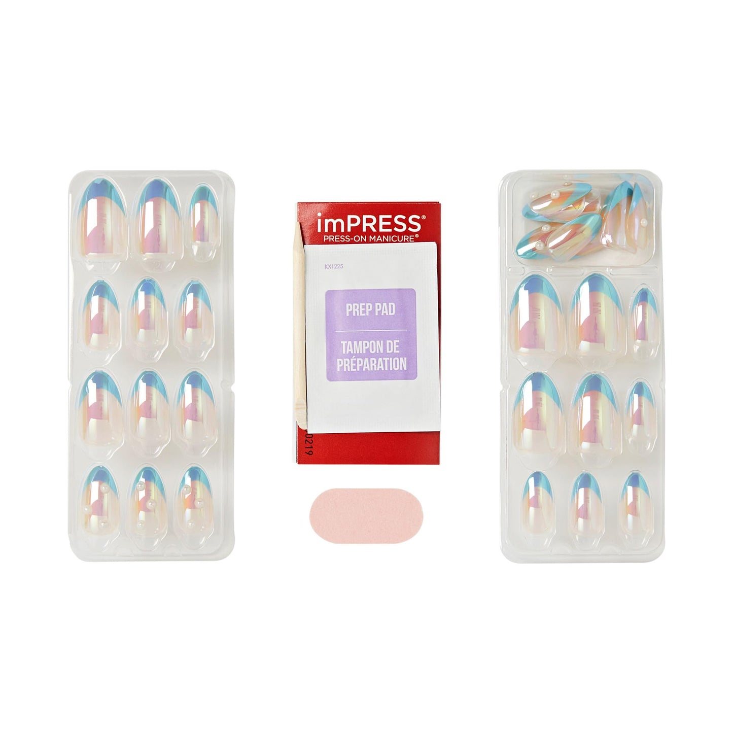 Kiss Impress No Glue Mani Press On Nails, Design, 'Best Life', Blue, Medium Size, Almond Shape, Includes 30 Nails, Prep Pad, Instructions Sheet, 1 Manicure Stick, 1 Mini File