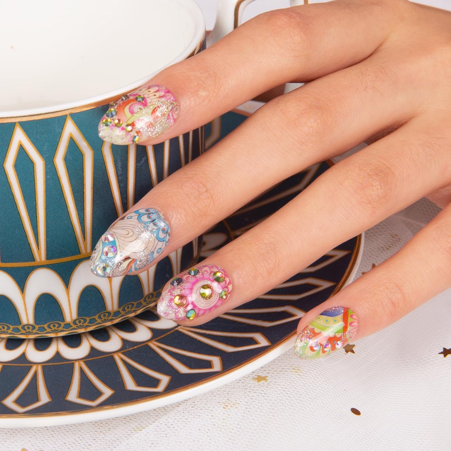 LOVFUL Press on Nails Boho Rhapsody | Handmade with Full Covered Crystals | Reusable Fake Nails | Almond Short 0.8 in | H57-M