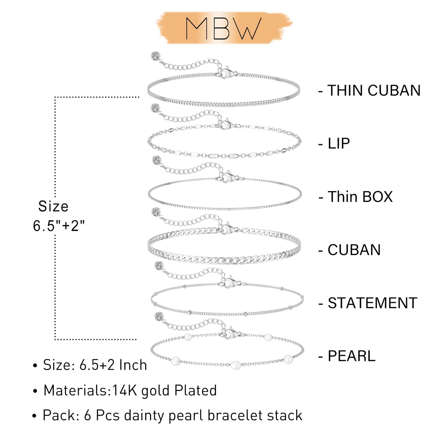 14K Silver Plated Pearl Bracelets for Women Waterproof, Dainty Silver Plated Cuban Link Chain Bracelet Stack Silver Pearl Jewelry Set for Womens Beaded Bracelets Small Simple Cute Thin Prom Wedding Jewelry