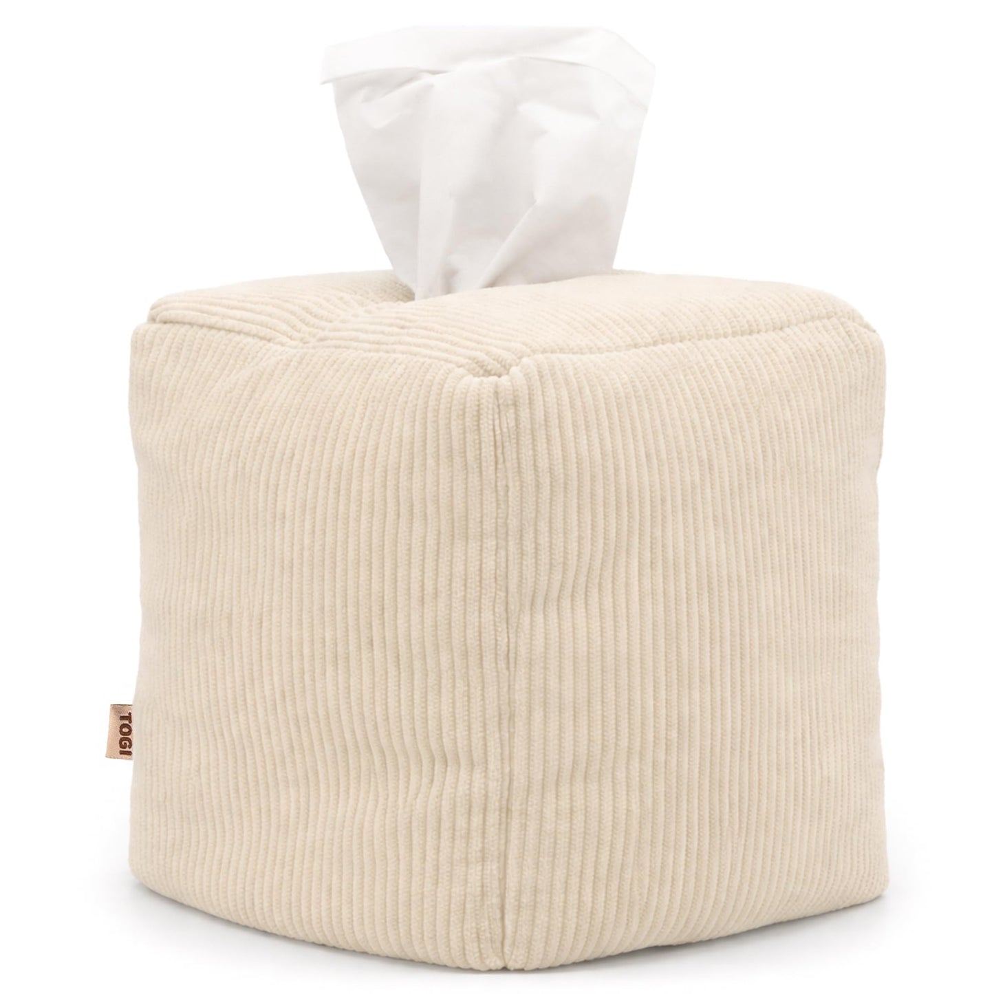 TOGI Corduroy Tissue Box Cover - Soft & Puffy Cube Design Adds a Warm, Cozy Touch - Soft Tissue Box Cover Square Fits Standard Square Boxes from Everyday Brands - Cozy Home & Office Decor (Cream)