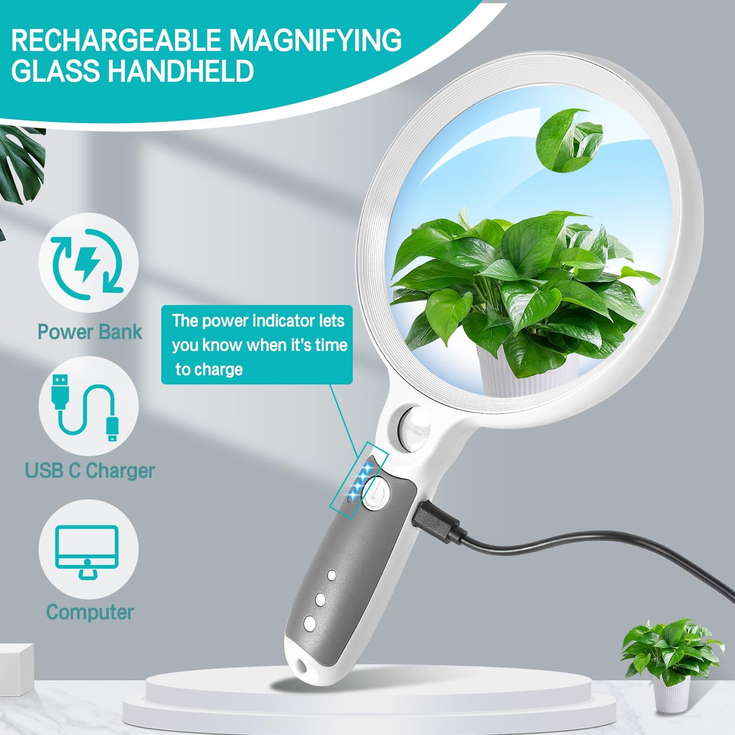 Large Magnifying Glass with 37 LED Light and Case, 10X 20X 45X Handheld Illuminated Lighted Magnifier with 3 Light Modes Rechargeable Magnifying Glass for Seniors Reading, Inspection (White & Grey)