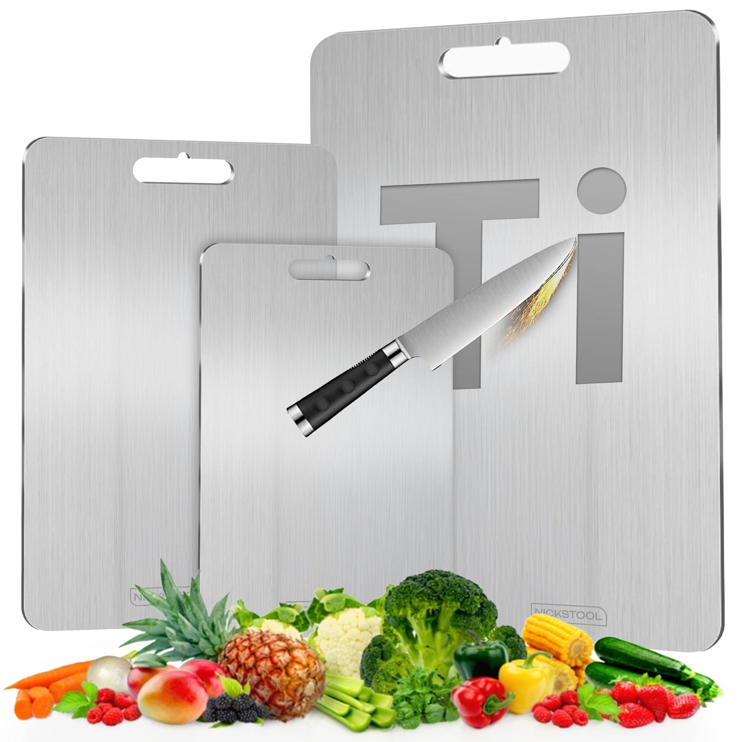 Nickstool Titanium Cutting Board Set of 3, Stainless Steel Cutting Boards for Kitchen, Non Toxic Metal Chopping Board, Dishwasher Safe, Non-Porous, Plastic Free, 3 Sizes Small Medium Large