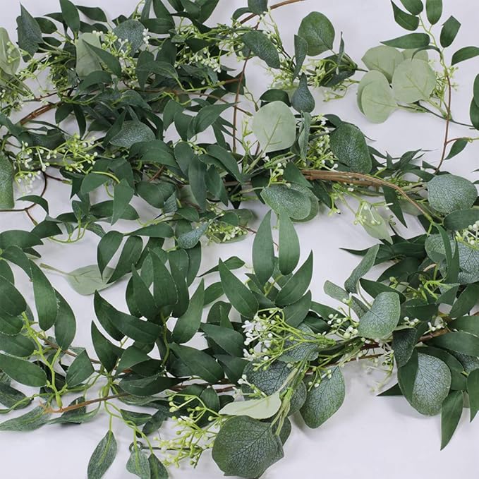 Fake Greenery Garlands Artificial Silver Dollar Eucalyptus Garland in Grey Green and Willow Twigs Garland Intertwined Together for Rustic Wedding Arch Swag Doorways Table Runner Decoration