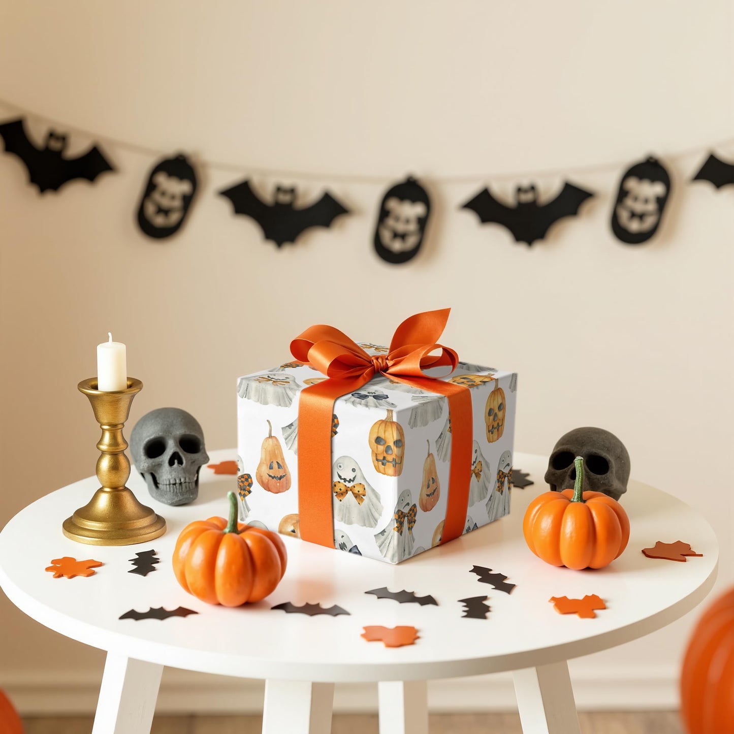 LeZakaa Halloween Wrapping Paper Roll 13" Gift Bag with Tissue Paper, Gift Tag, and Card, Evil Pumpkin Fluorescent Black Design