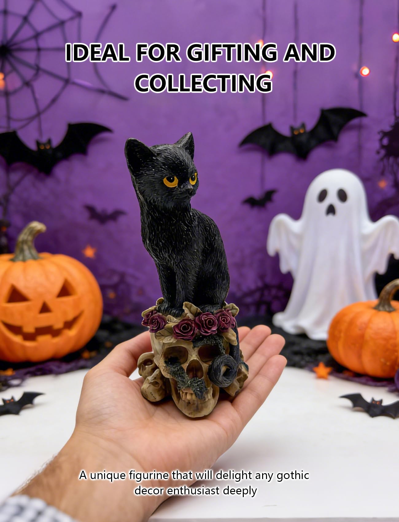 Coyoohouse Gothic Raven on Skull Statue, Dark Mysterious Resin Ornament, Spooky Crow Figurine for Halloween Home Decor, Desktop Gift for Skull Lovers on Birthday & Holiday (Cat)