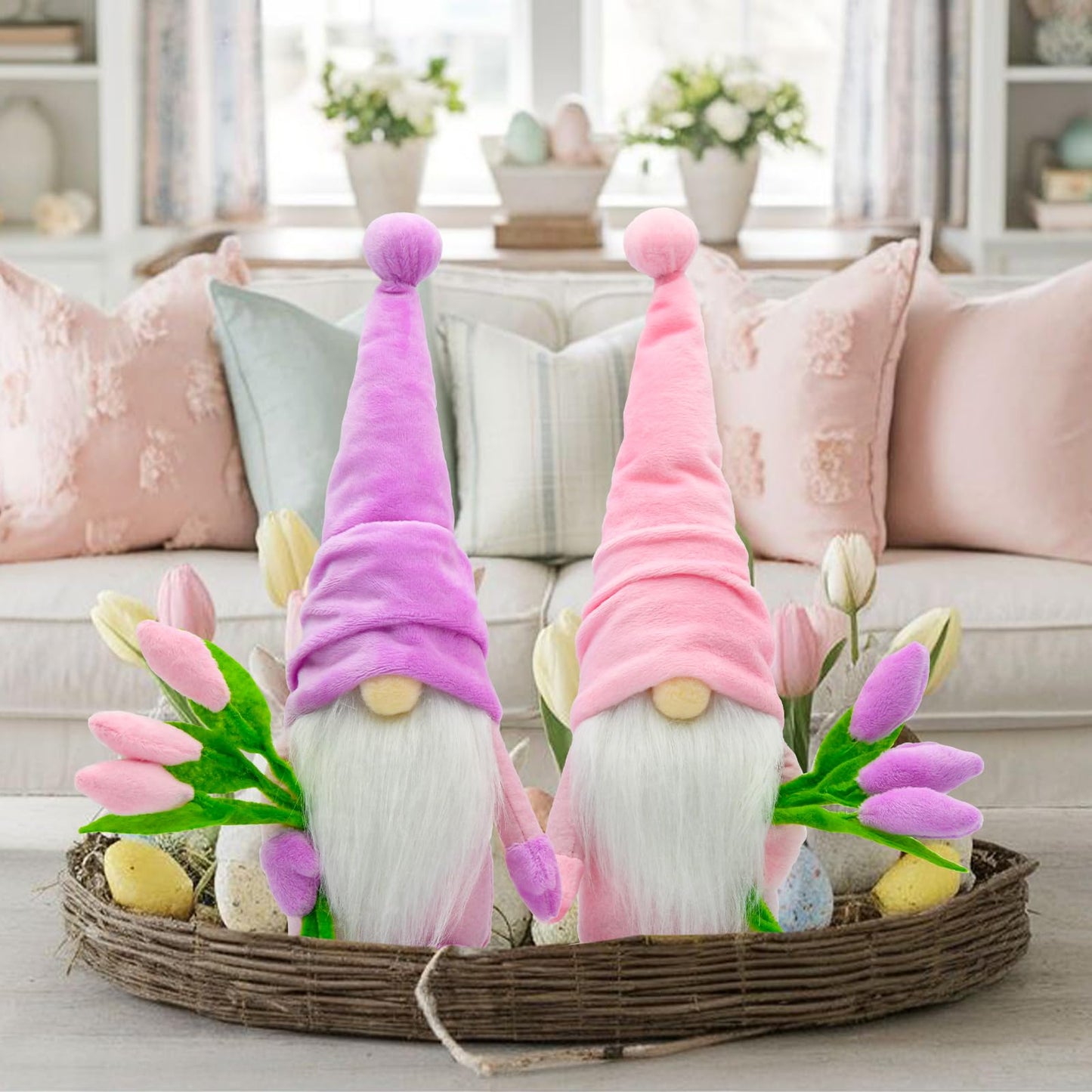 KnomeKo Tulip Gnome Spring Decor, 2Pcs Spring Home Decorations for Farmhouse Table Tiered Tray Decor, Gift Gnomes for Women, Mother