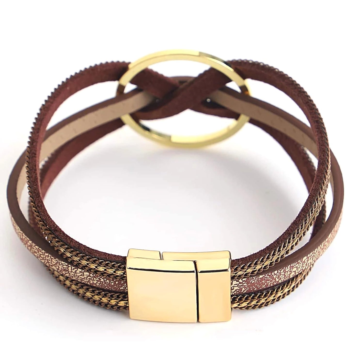 Leopard Bracelet for Women, Boho Leather Wrap Multi-Layer Pearl Crystal Bracelet Bangle Jewelry (Circle(Brown))