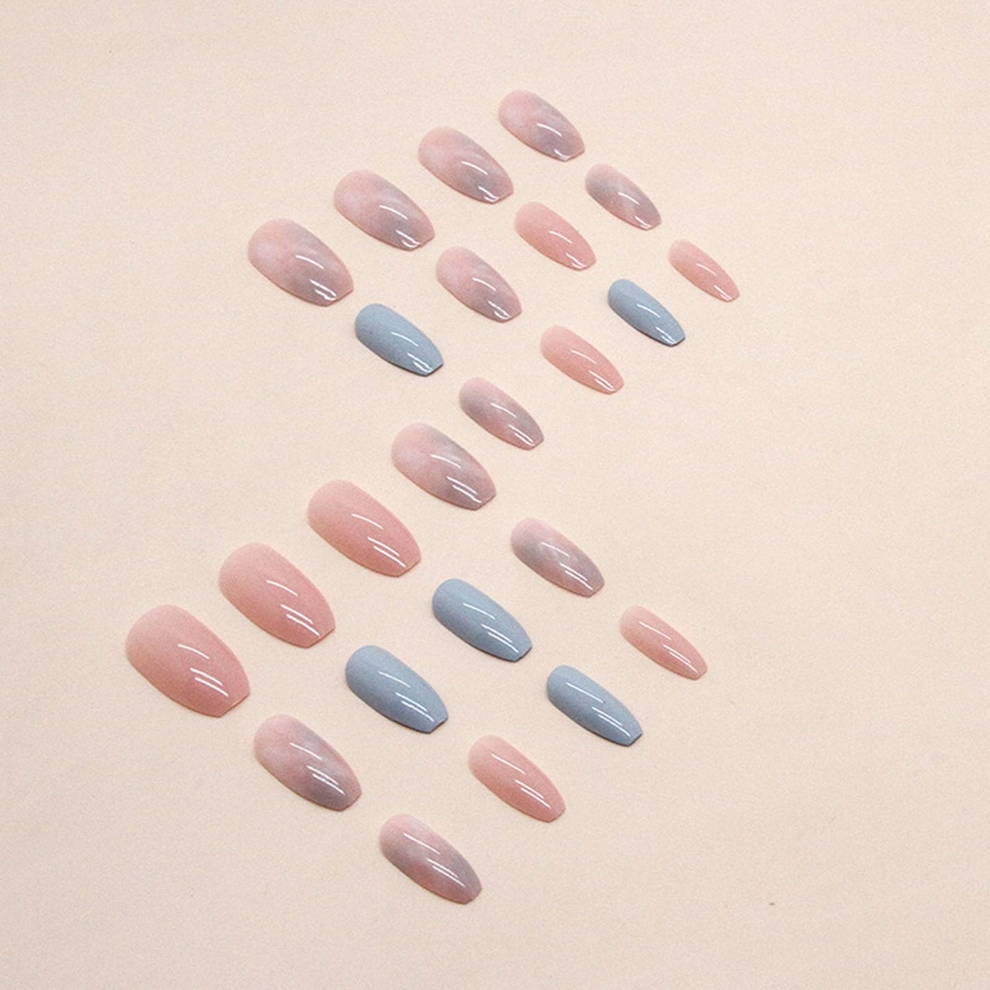Short Press on Nails Coffin Fake Nails with Marble Designs Pink Nails Press ons Spring Summer Glue on Nails Glossy Acrylic Nails Blue False Nails Daily Wear Natural Stick on Nails for Women 24Pcs