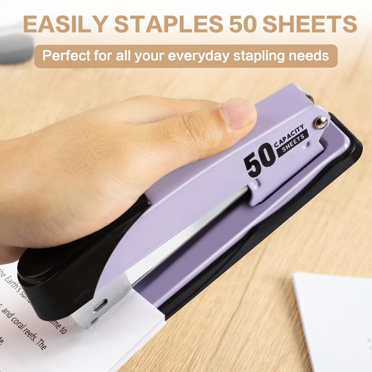 Deli Stapler Heavy Duty, Full Strip Staplers for Desk with 2000 Staples and Staple Remover, 50 Sheet Capacity, No Jam, Non-Slip Office Stapler with Staples for Office, Classroom, Purple