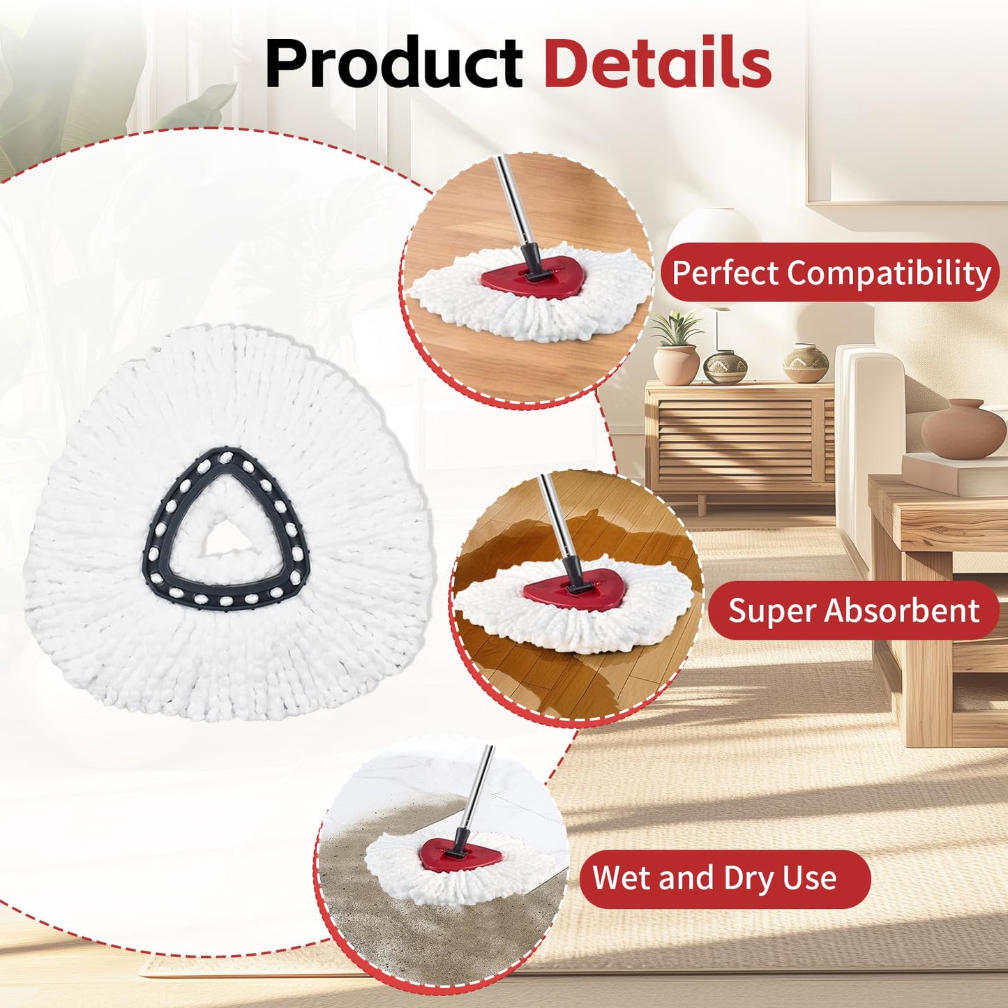 ANREKEYH Spin Mop Head, Base, Handle Replacement for O-Ceda EasyWring Microfiber Spin Mops, 2 Microfiber Mop Refills, 1 Triangle Head Cover and 30-58in Handle Set Combo (White(1 Tank System))