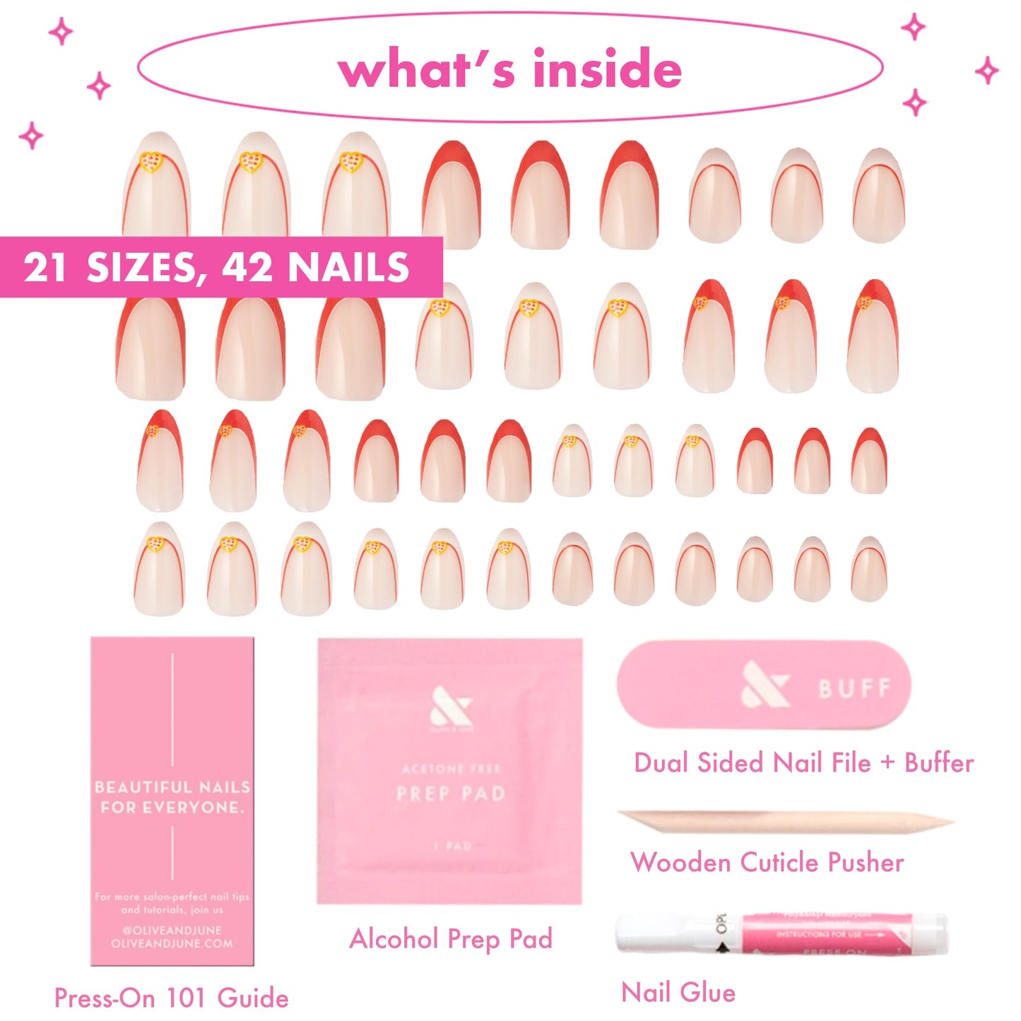 Olive & June Instant Mani Press-On Nails (Glue) | 42 Fake Nails, 21 Sizes | Non-Toxic, Long-Lasting Recycled Materials Realistic Look | Salon-Quality at Home | Medium, Almond | I Heart Pizza French