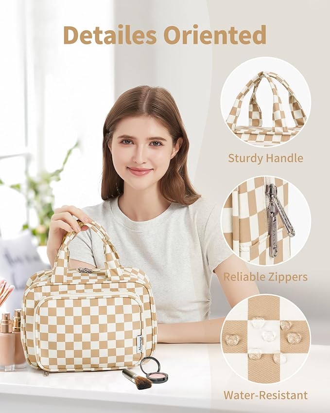 Narwey Large Travel Toiletry Bag for Traveling Women, Cosmetic Makeup Bag Make Up Organizer, Checkered Travel Bag for Toiletries with Handle (Light Checkerboard)