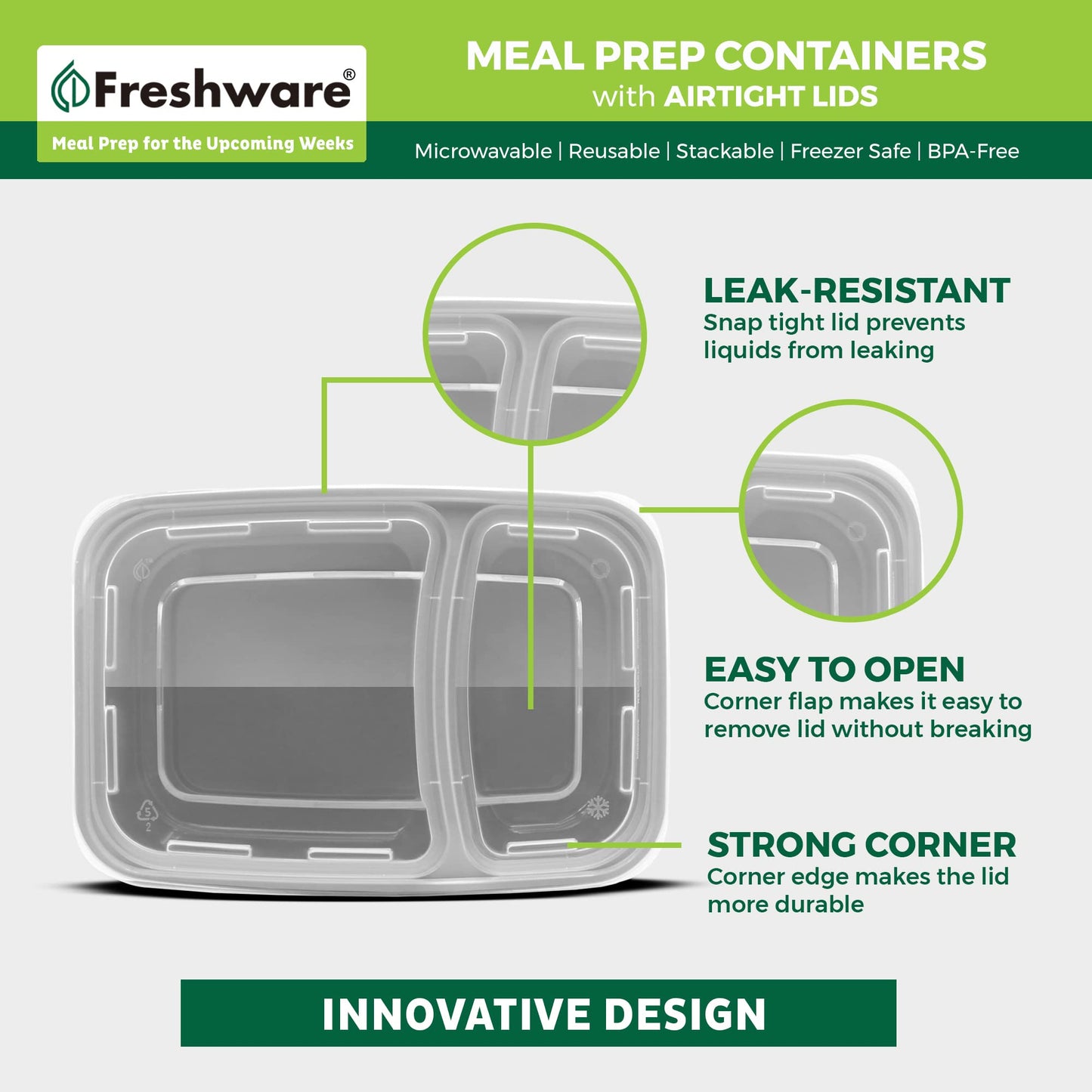Freshware Meal Prep Containers [25 Pack] 2 Compartment with Lids, Food Storage Containers, Bento Box, BPA Free, Stackable, Microwave/Dishwasher/Freezer Safe (28 oz) Grey